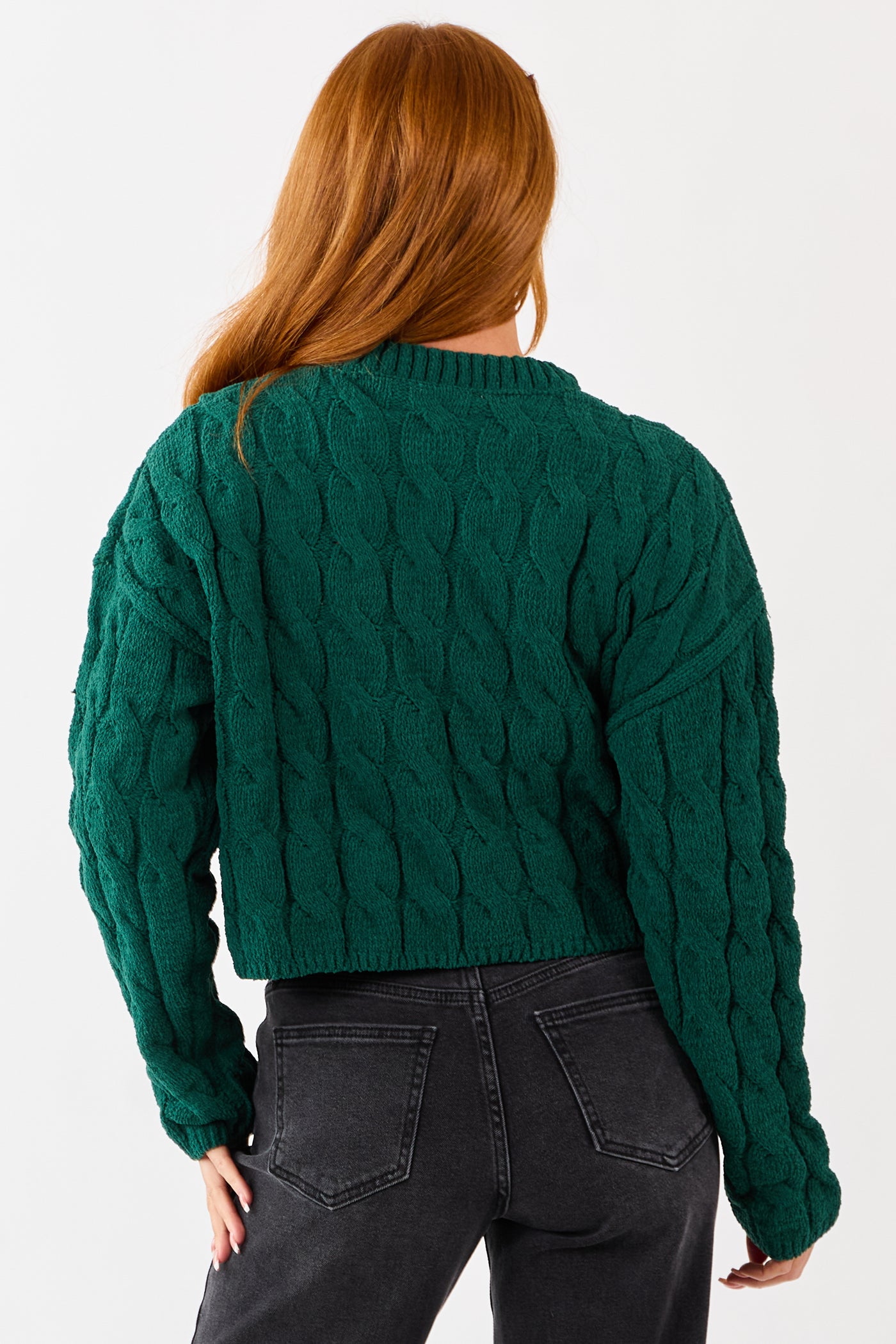 Forest Green Semi Cropped Chenille Cable Knit Sweater