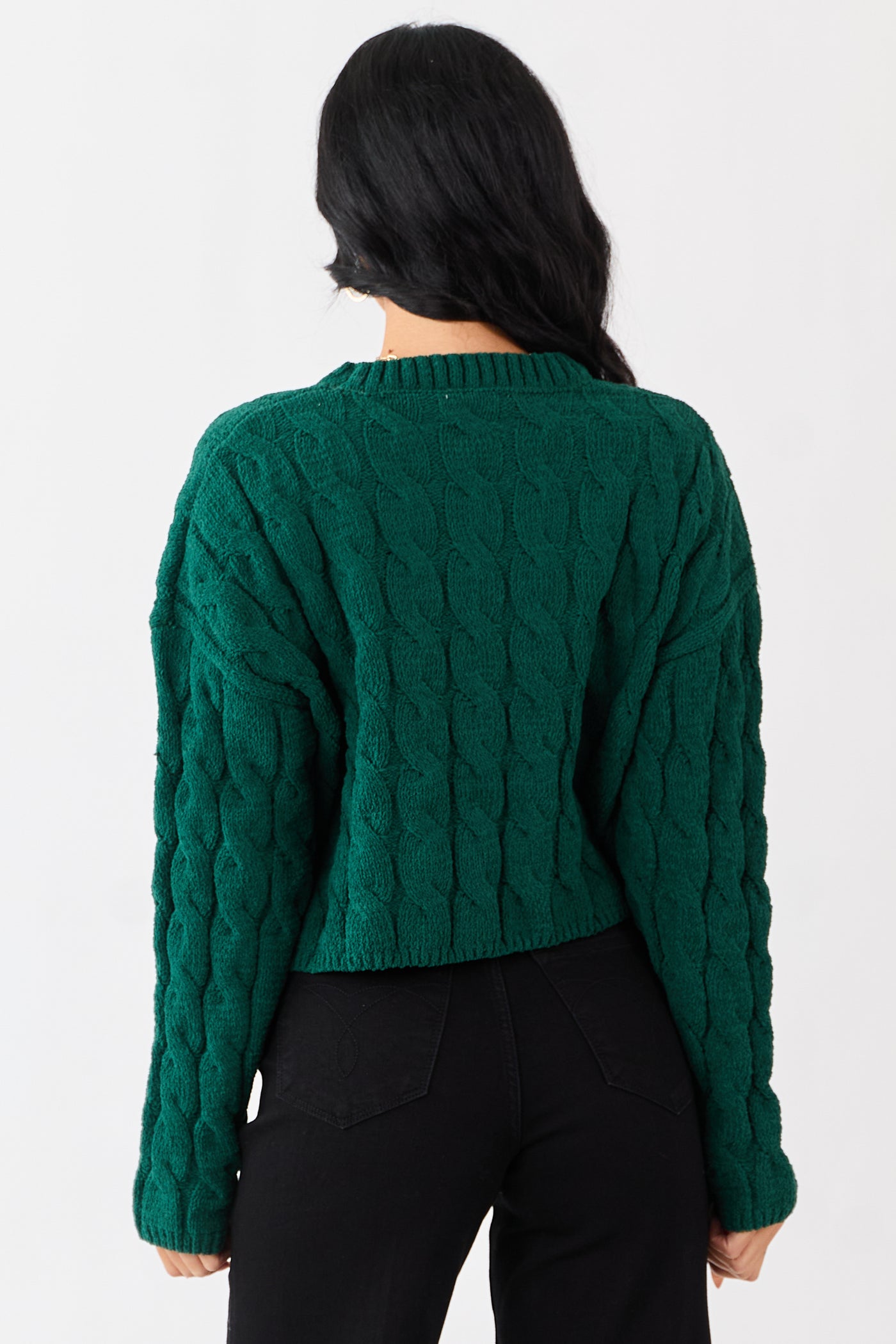 Forest Green Semi Cropped Chenille Cable Knit Sweater