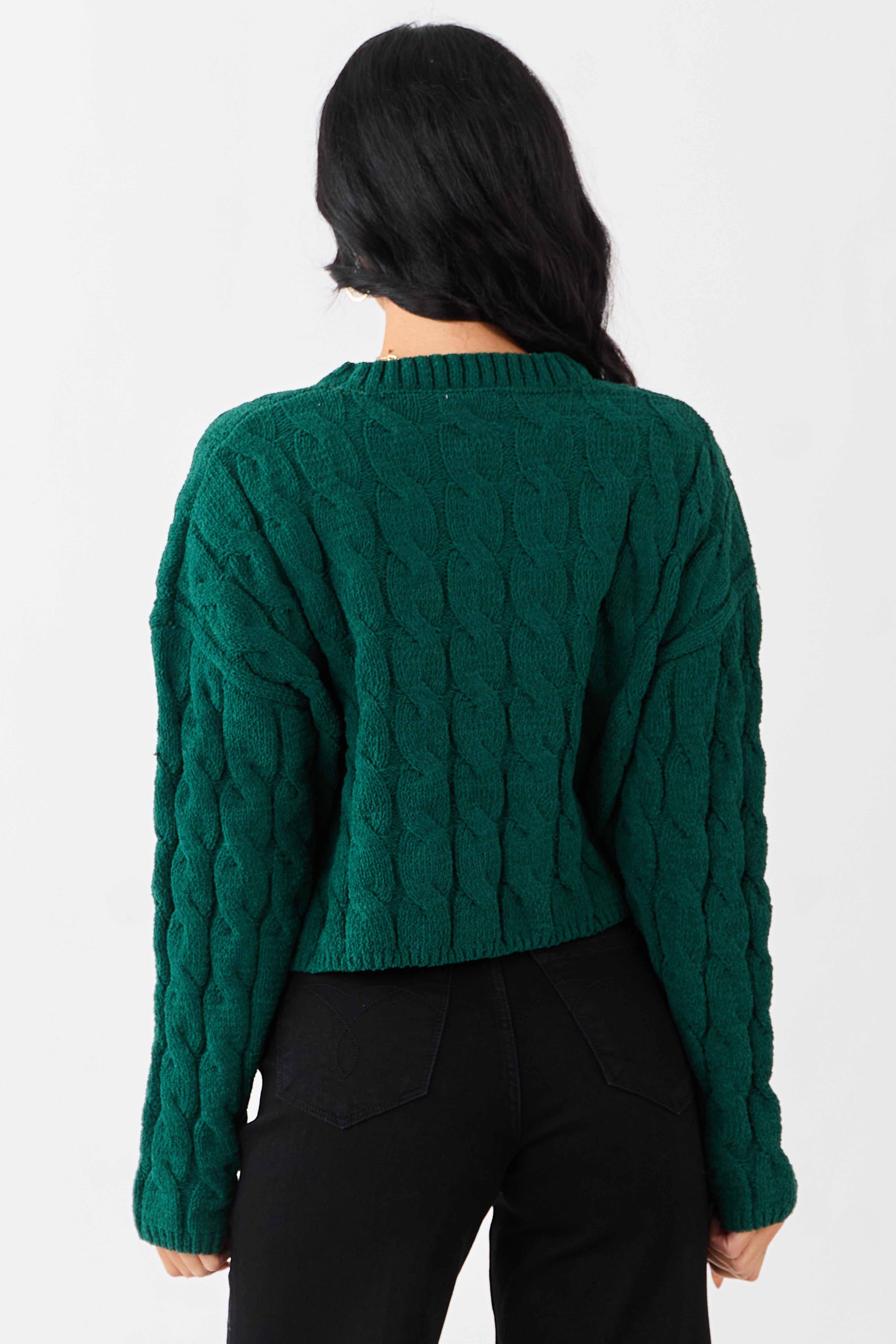 Forest Green Semi Cropped Chenille Cable Knit Sweater