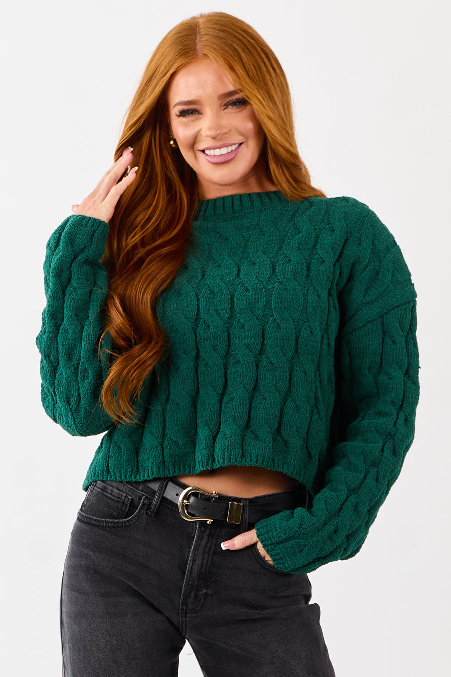 Forest Green Semi Cropped Chenille Cable Knit Sweater
