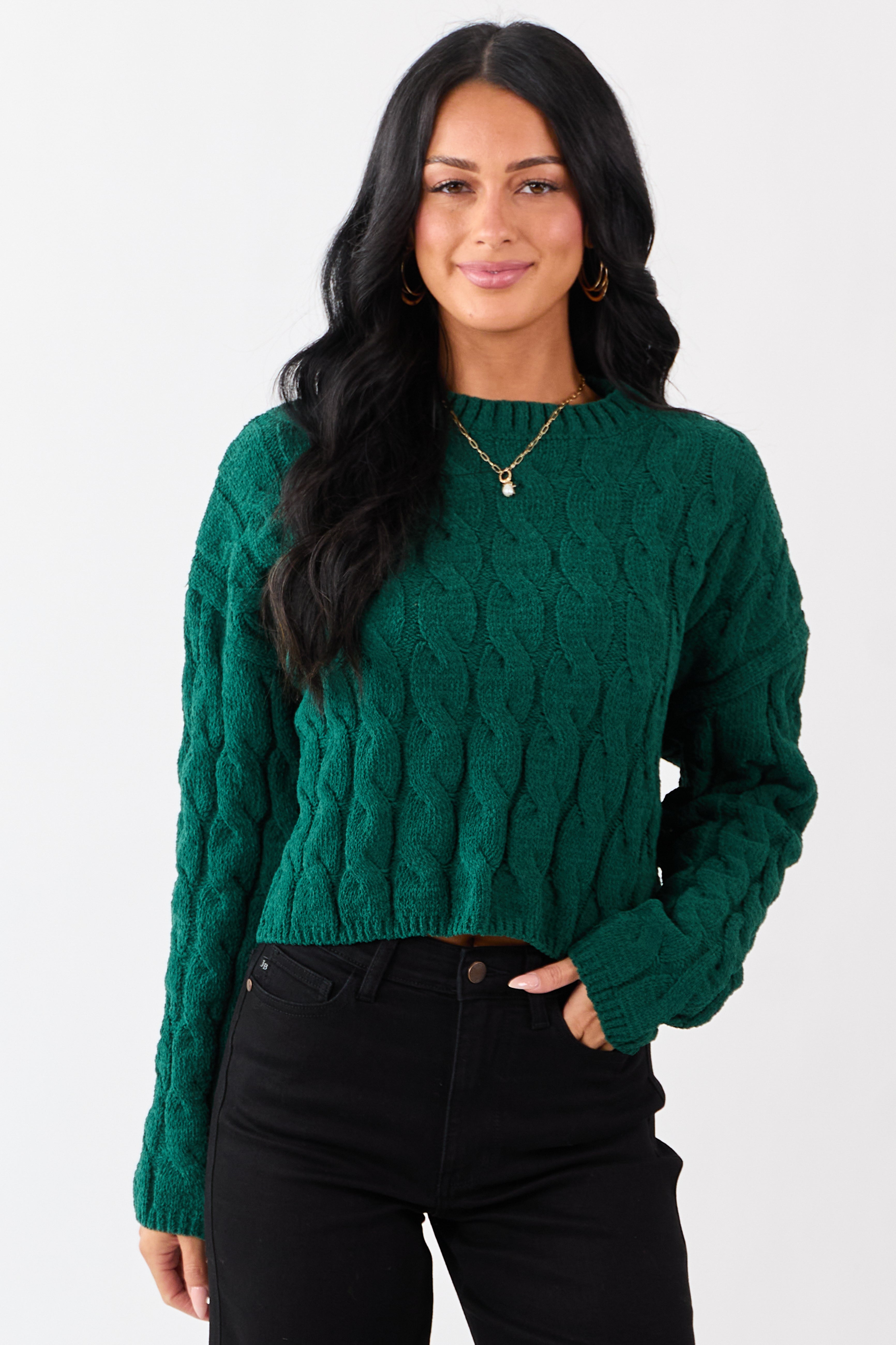 Forest Green Semi Cropped Chenille Cable Knit Sweater | Lime Lush
