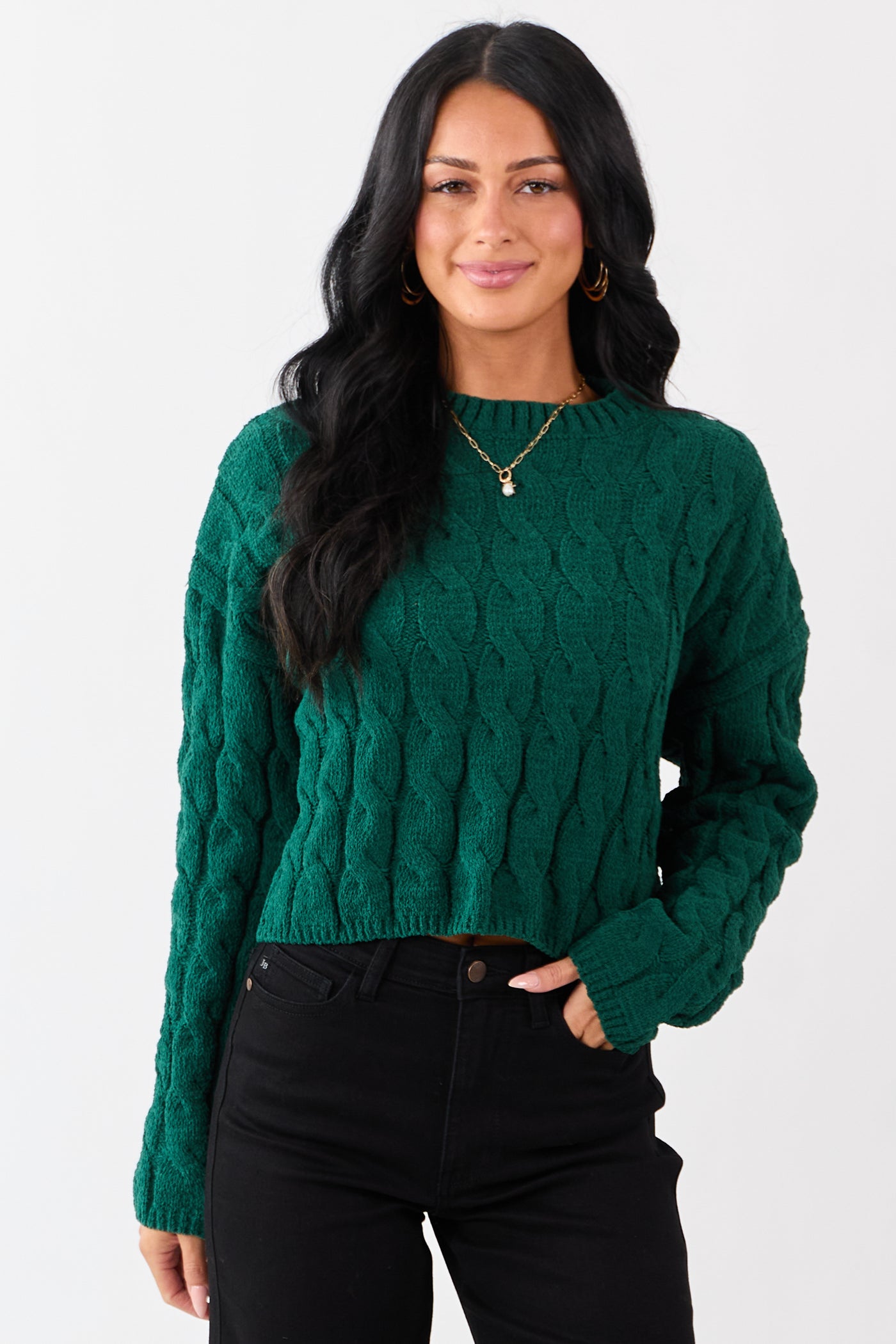 Forest Green Semi Cropped Chenille Cable Knit Sweater