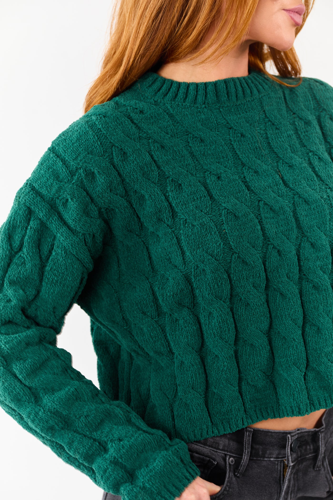 Forest Green Semi Cropped Chenille Cable Knit Sweater