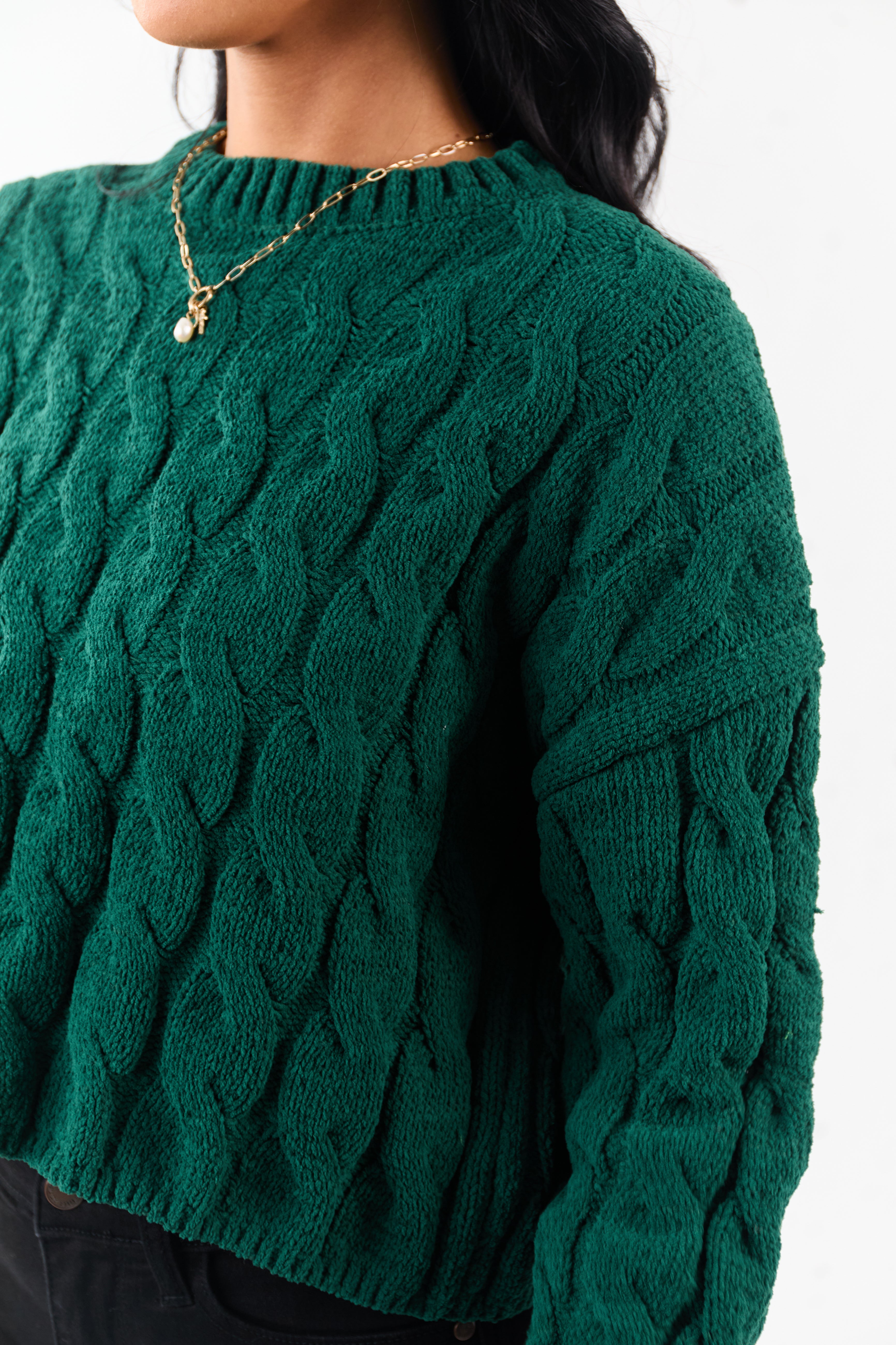 Forest Green Semi Cropped Chenille Cable Knit Sweater