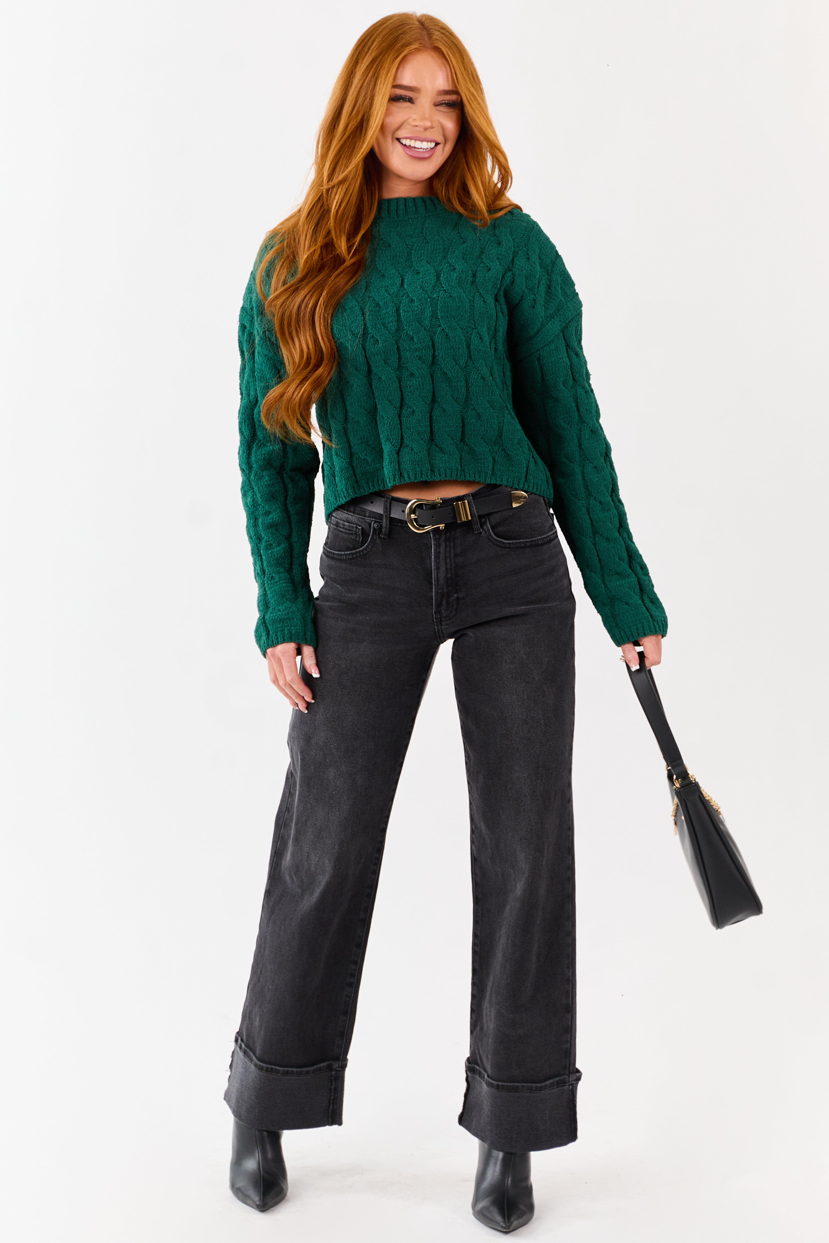 Forest Green Semi Cropped Chenille Cable Knit Sweater