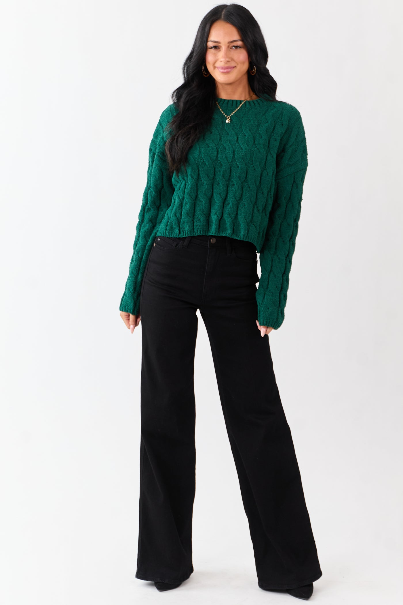 Forest Green Semi Cropped Chenille Cable Knit Sweater