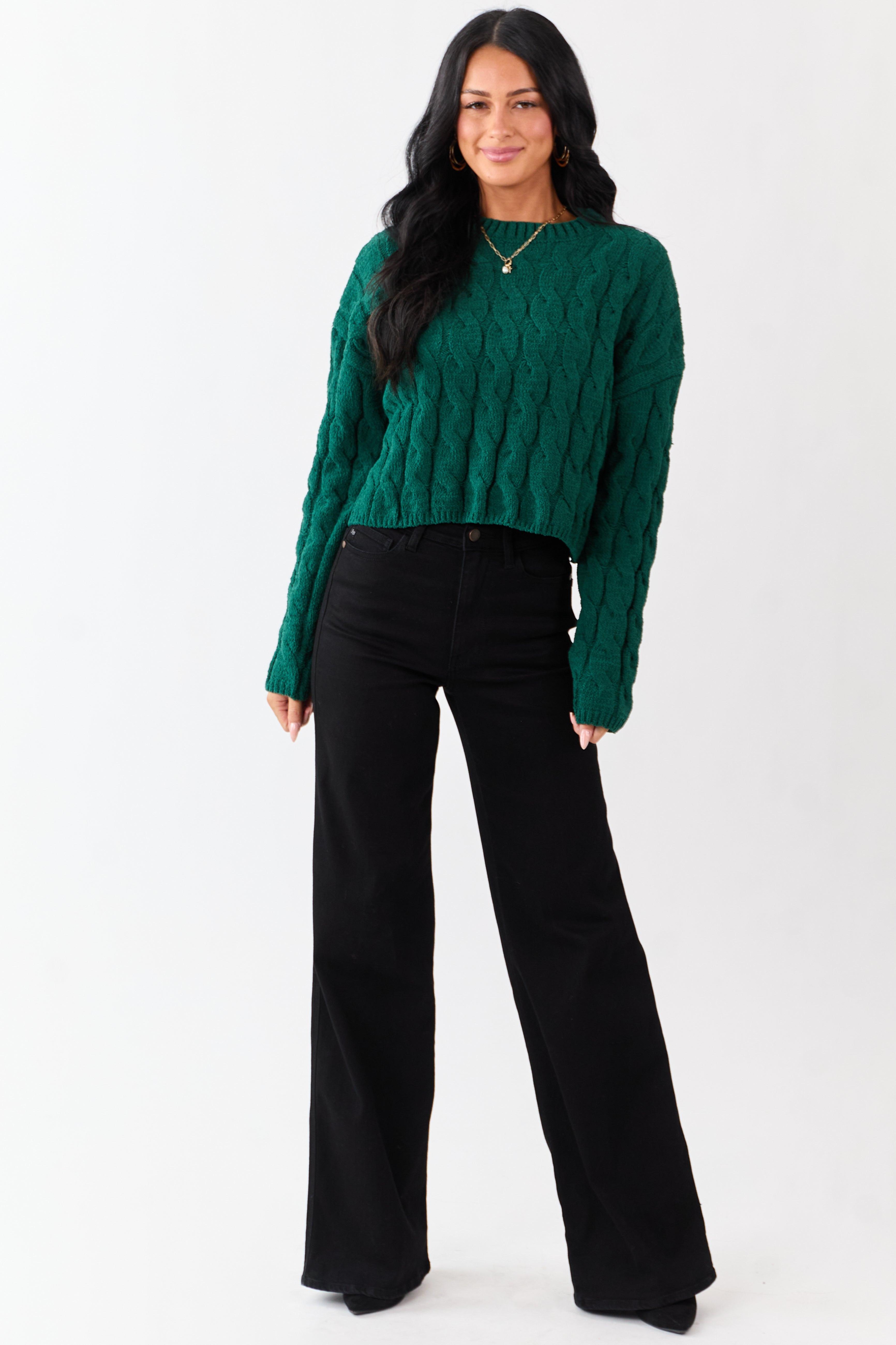 Forest Green Semi Cropped Chenille Cable Knit Sweater