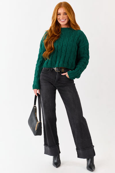 Forest Green Semi Cropped Chenille Cable Knit Sweater