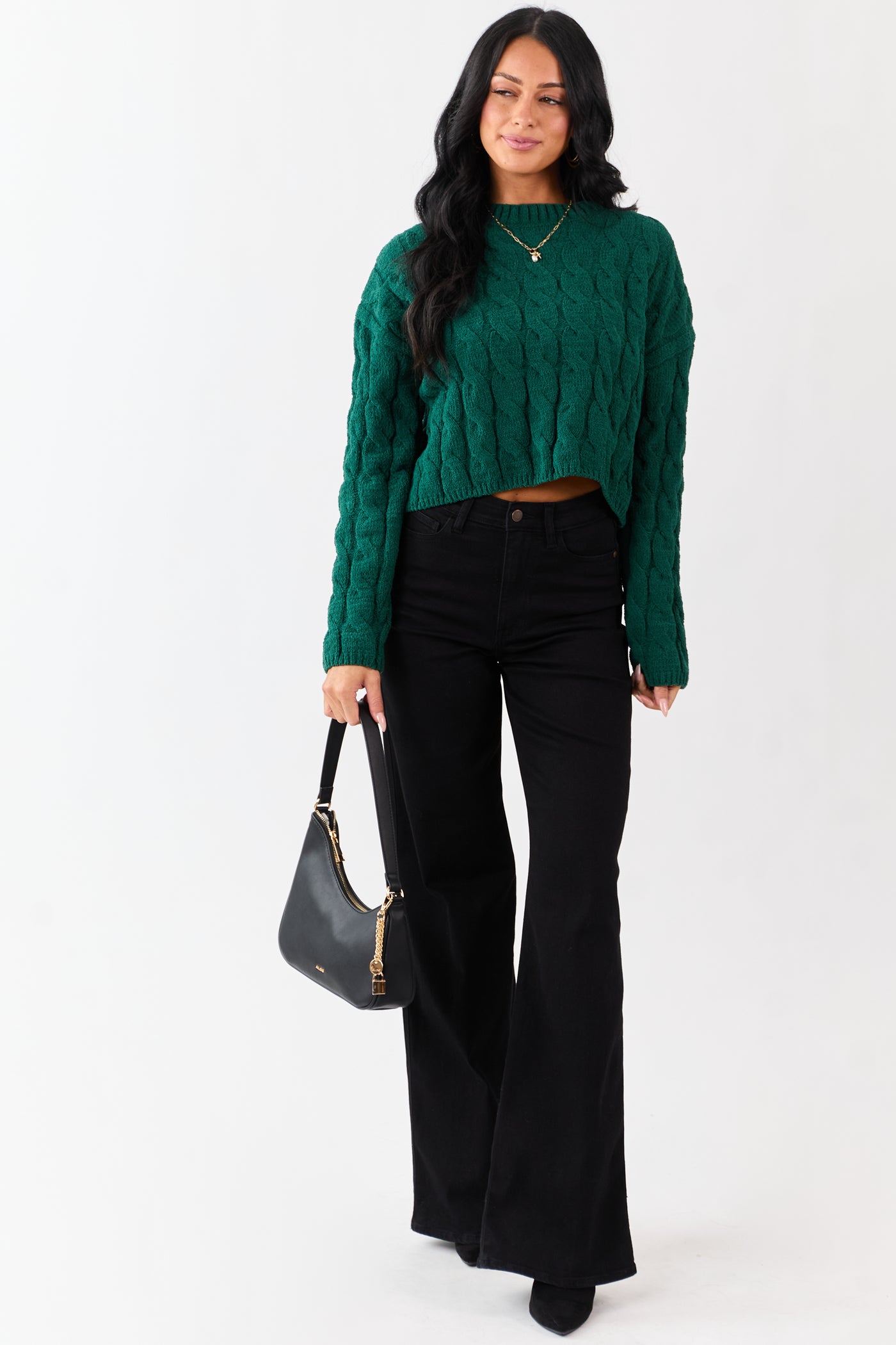 Forest Green Semi Cropped Chenille Cable Knit Sweater