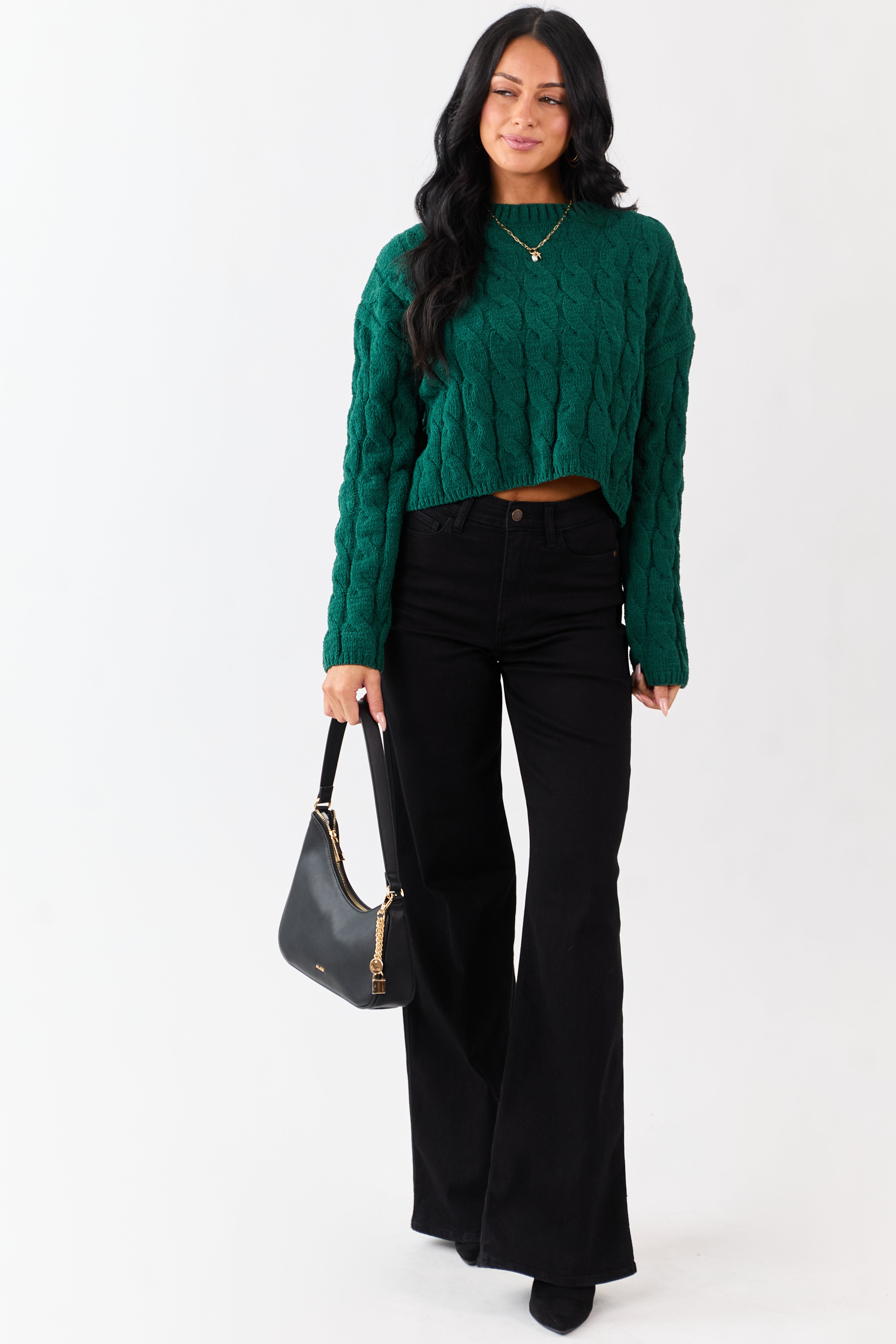 Forest Green Semi Cropped Chenille Cable Knit Sweater