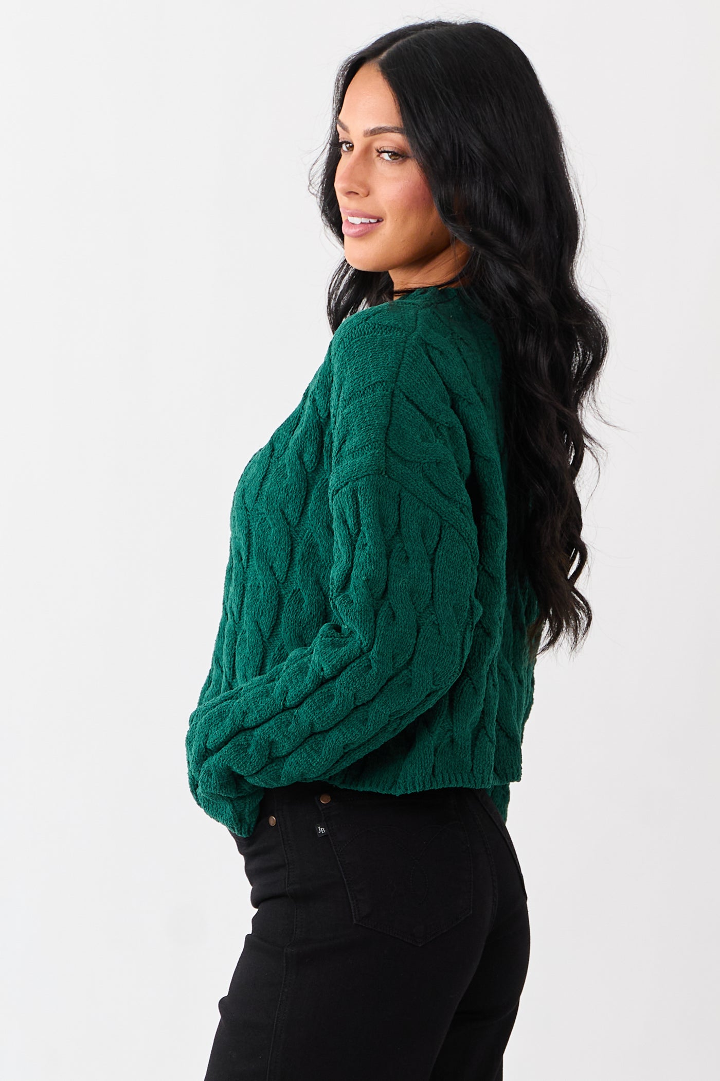 Forest Green Semi Cropped Chenille Cable Knit Sweater