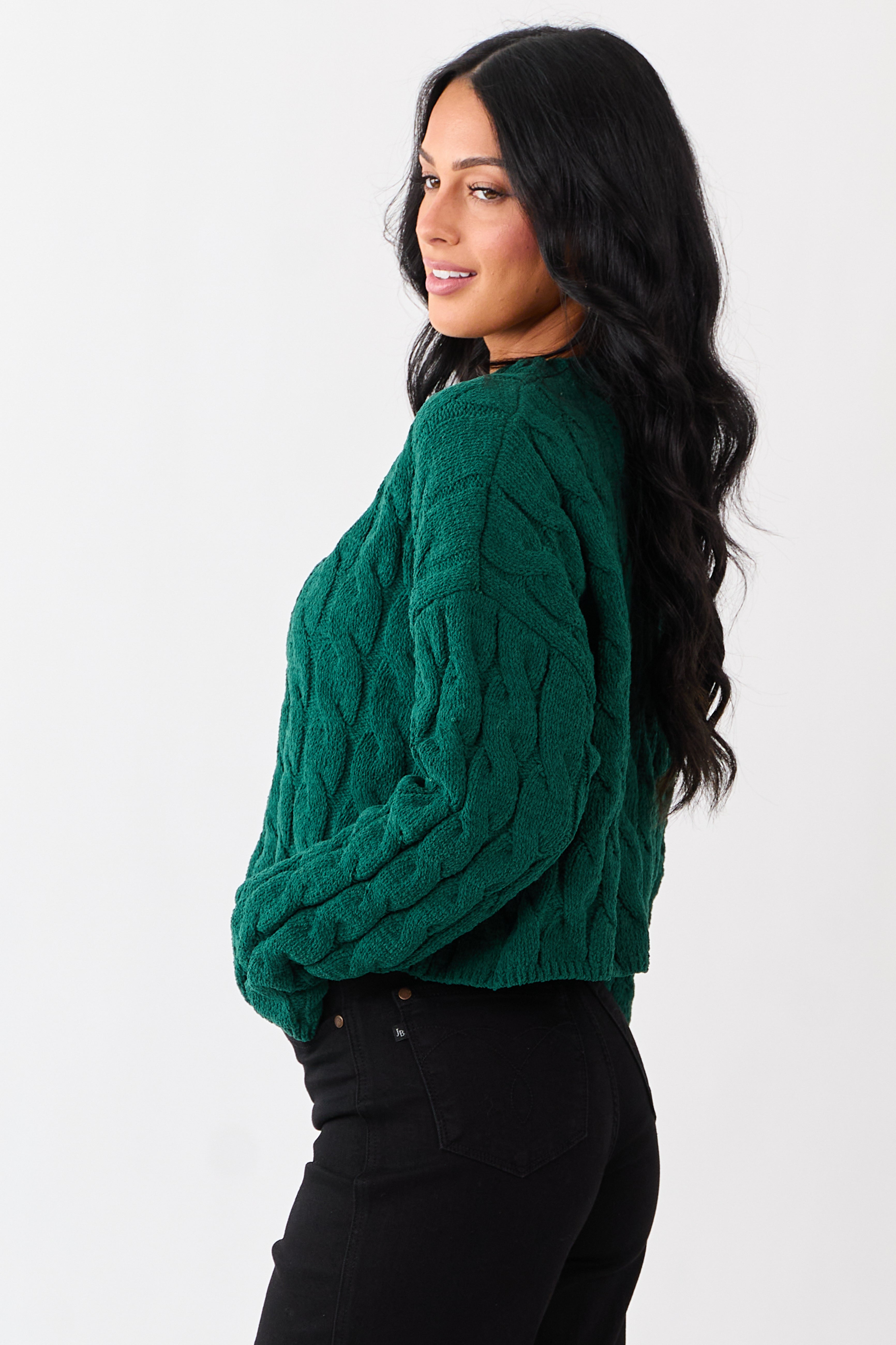 Forest Green Semi Cropped Chenille Cable Knit Sweater
