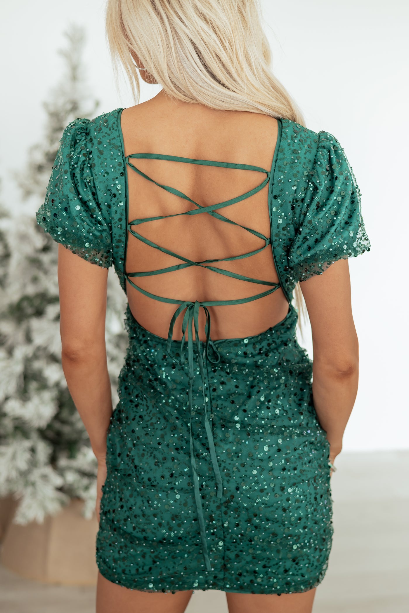 Forest Green Sequin Puff Sleeve Mini Dress