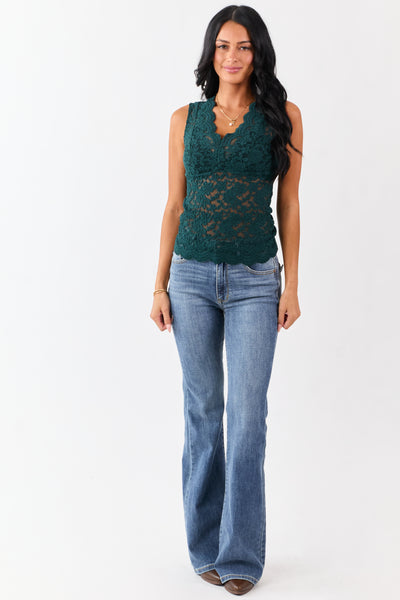 Forest Green Sheer Lace V-Neck Cinched Bust Tank Top