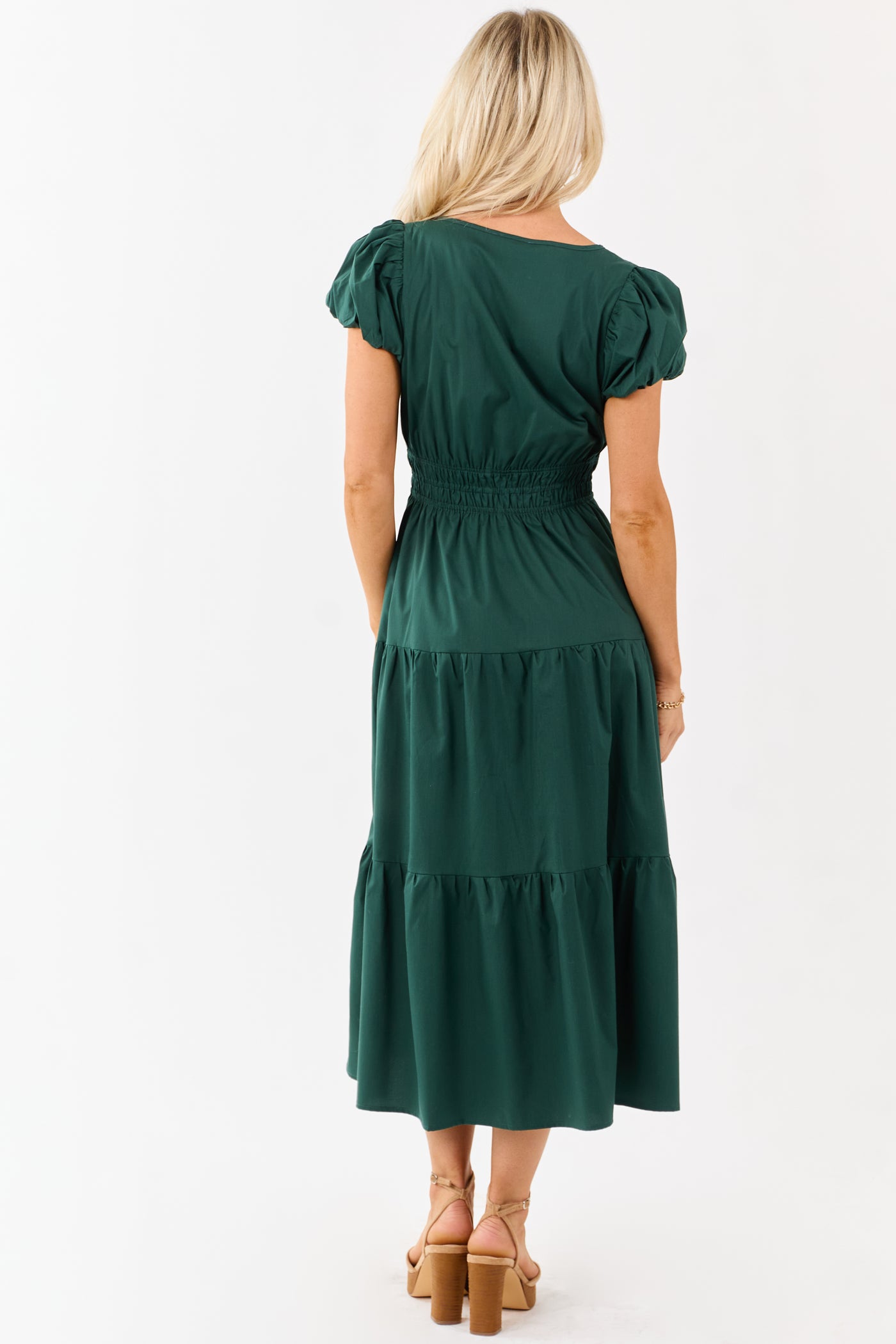Forest Green Short Puff Sleeve Tiered Midi Dress