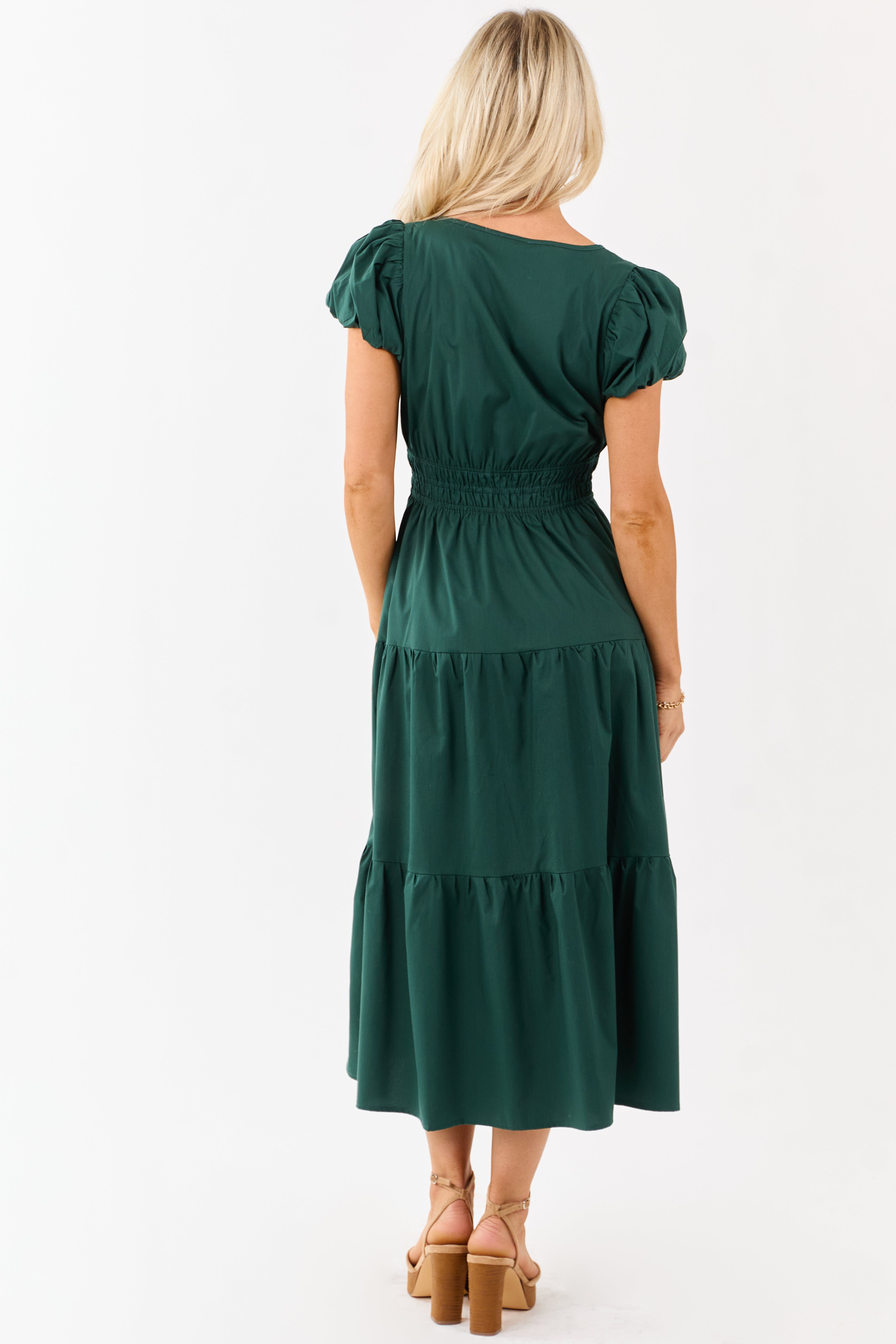 Forest Green Short Puff Sleeve Tiered Midi Dress