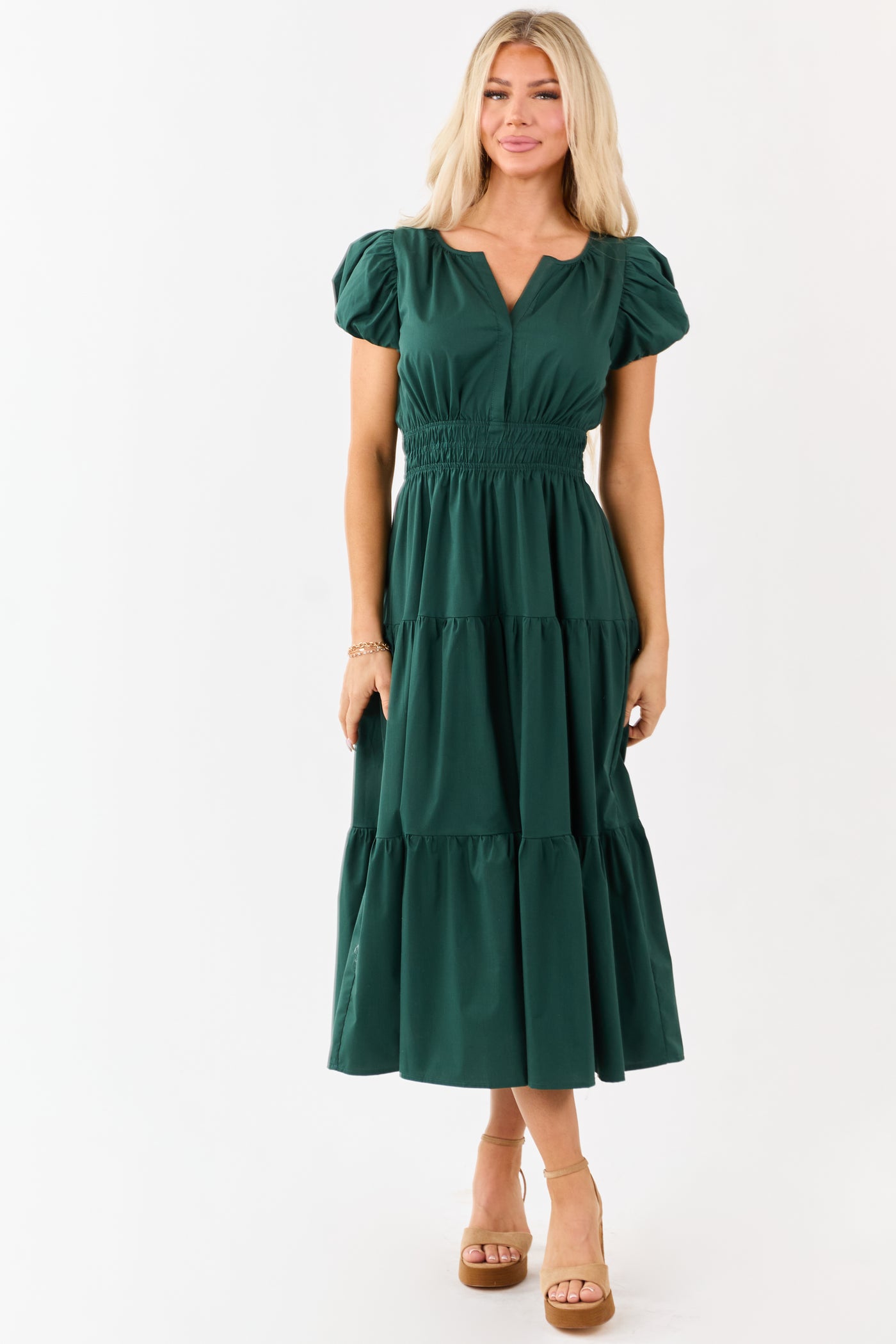 Forest Green Short Puff Sleeve Tiered Midi Dress