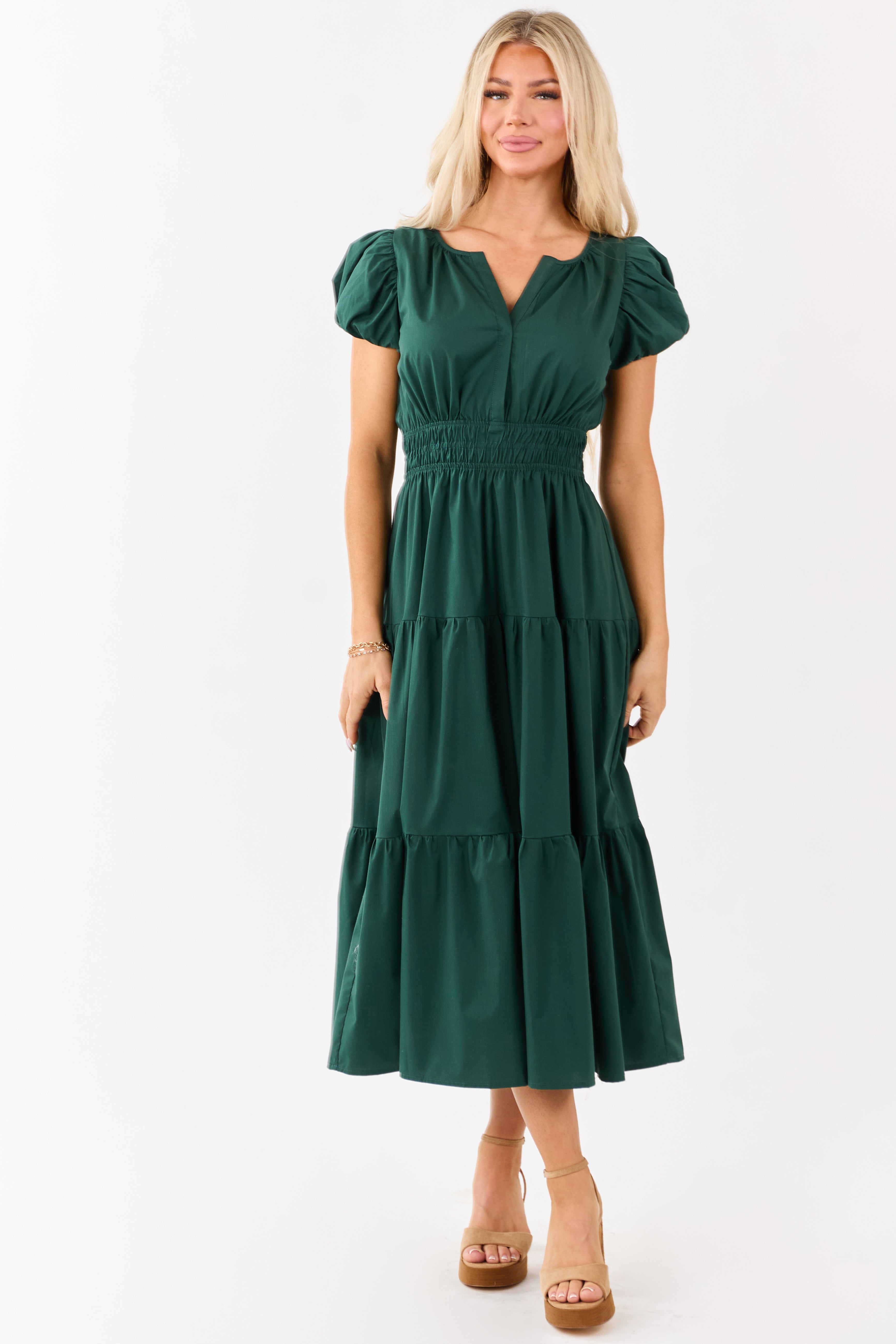 Forest Green Short Puff Sleeve Tiered Midi Dress