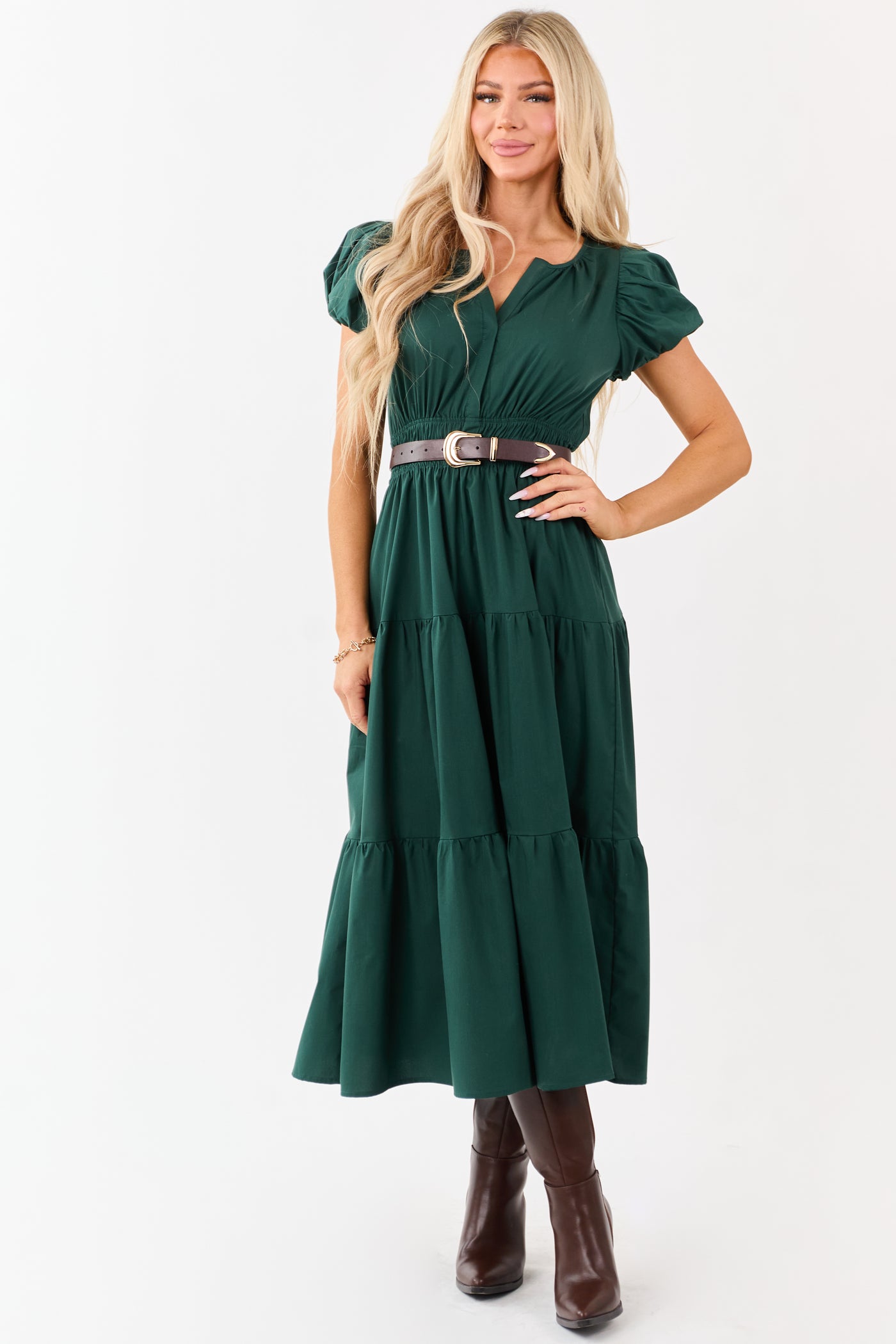 Forest Green Short Puff Sleeve Tiered Midi Dress