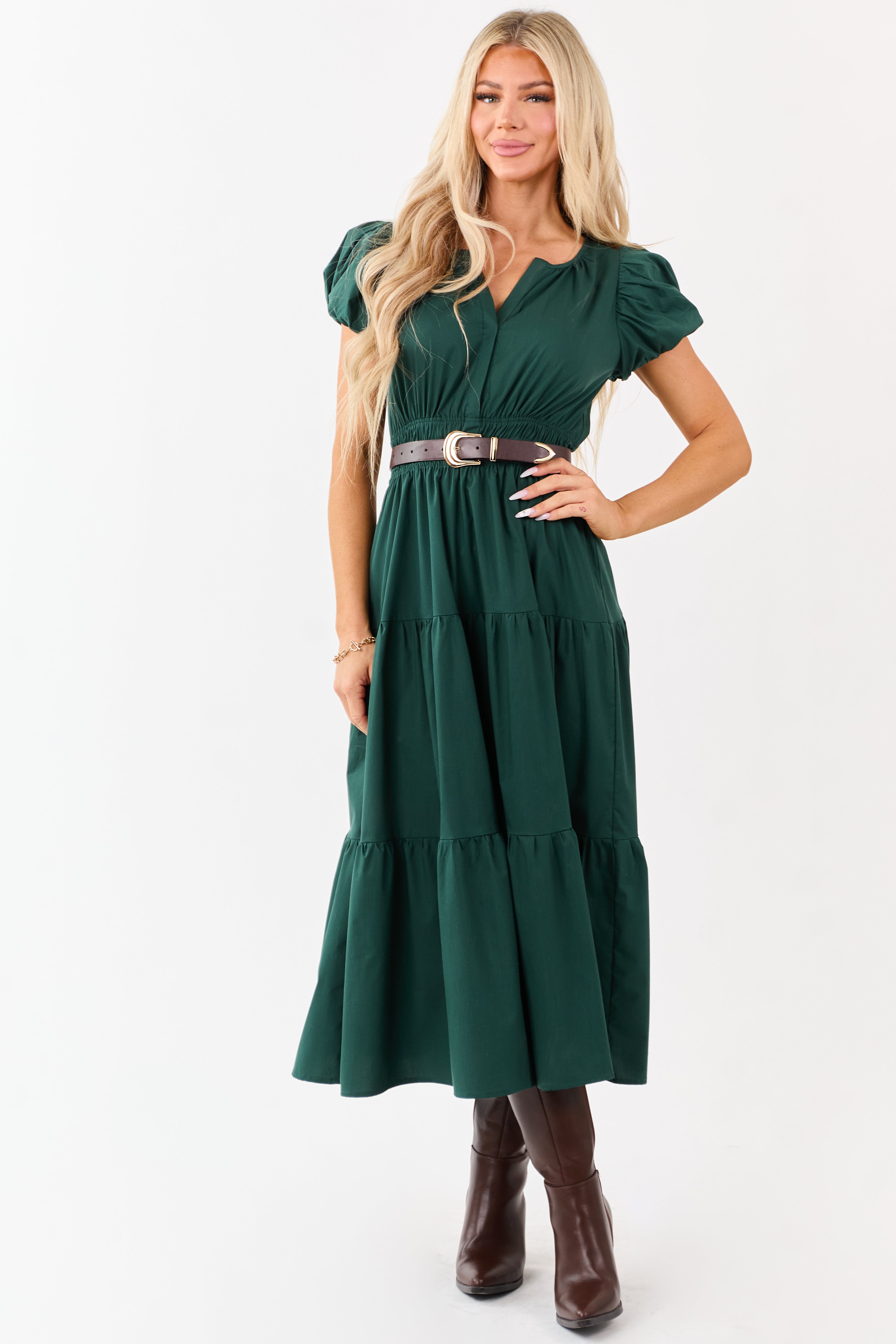 Forest Green Short Puff Sleeve Tiered Midi Dress