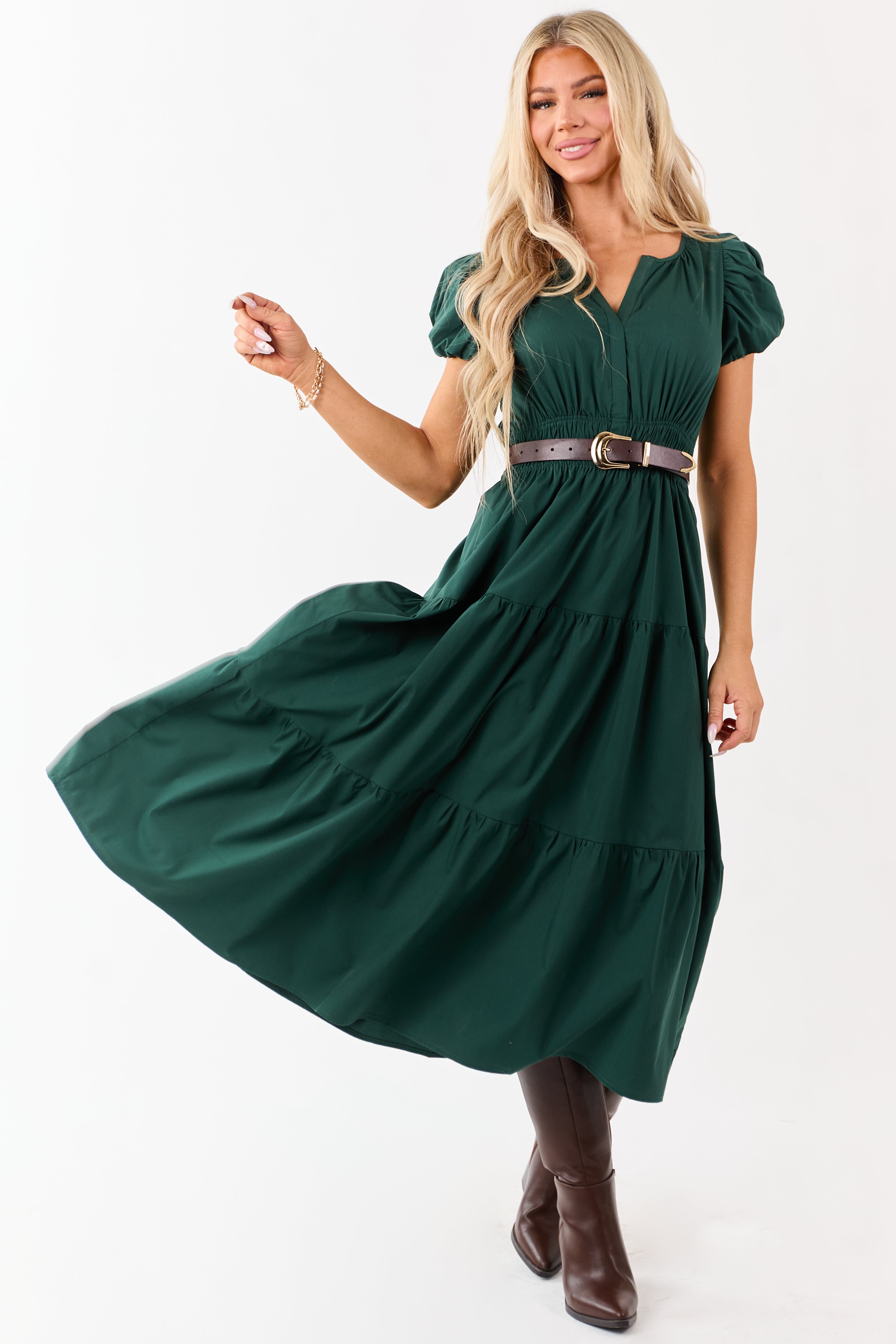 Forest Green Short Puff Sleeve Tiered Midi Dress