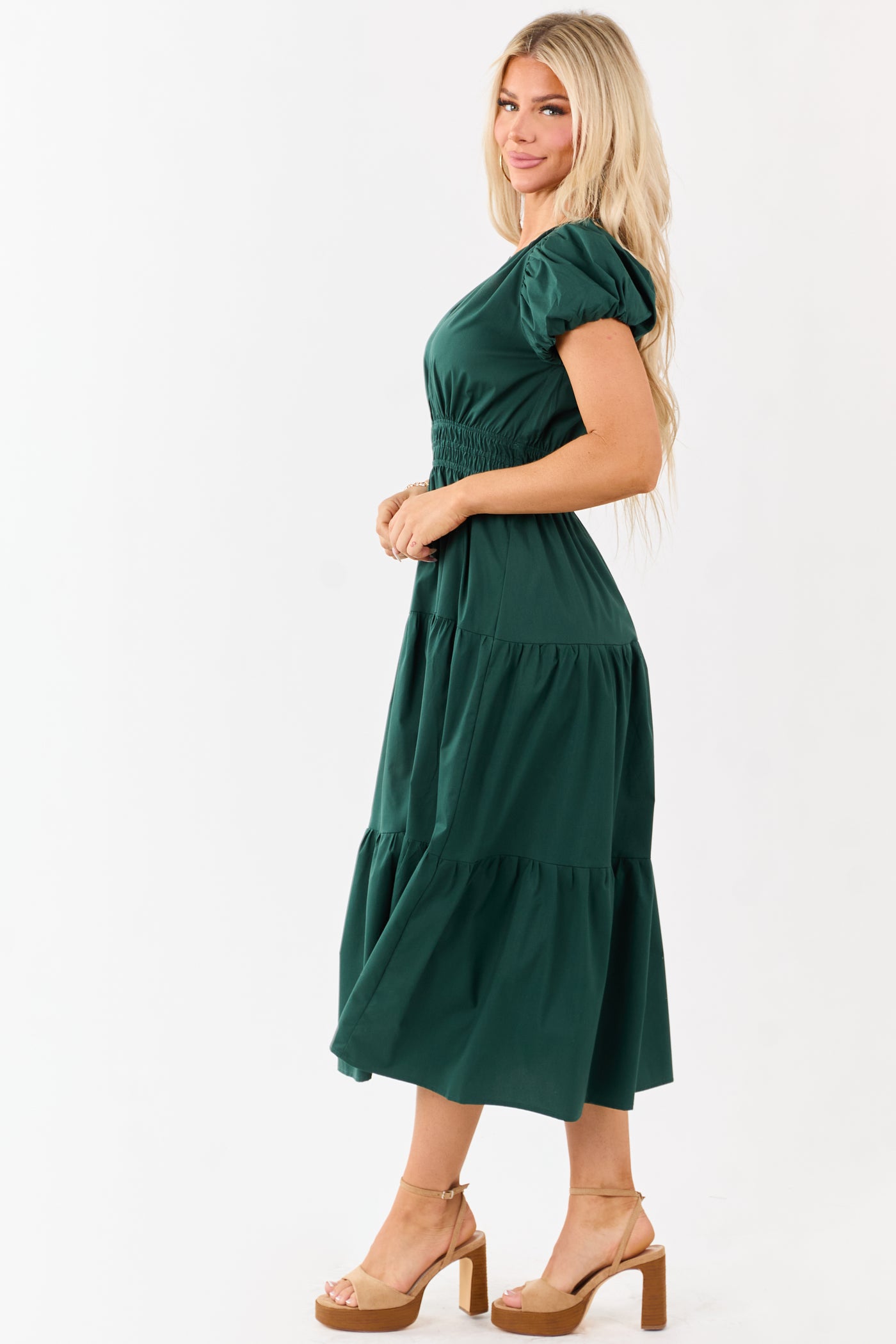 Forest Green Short Puff Sleeve Tiered Midi Dress