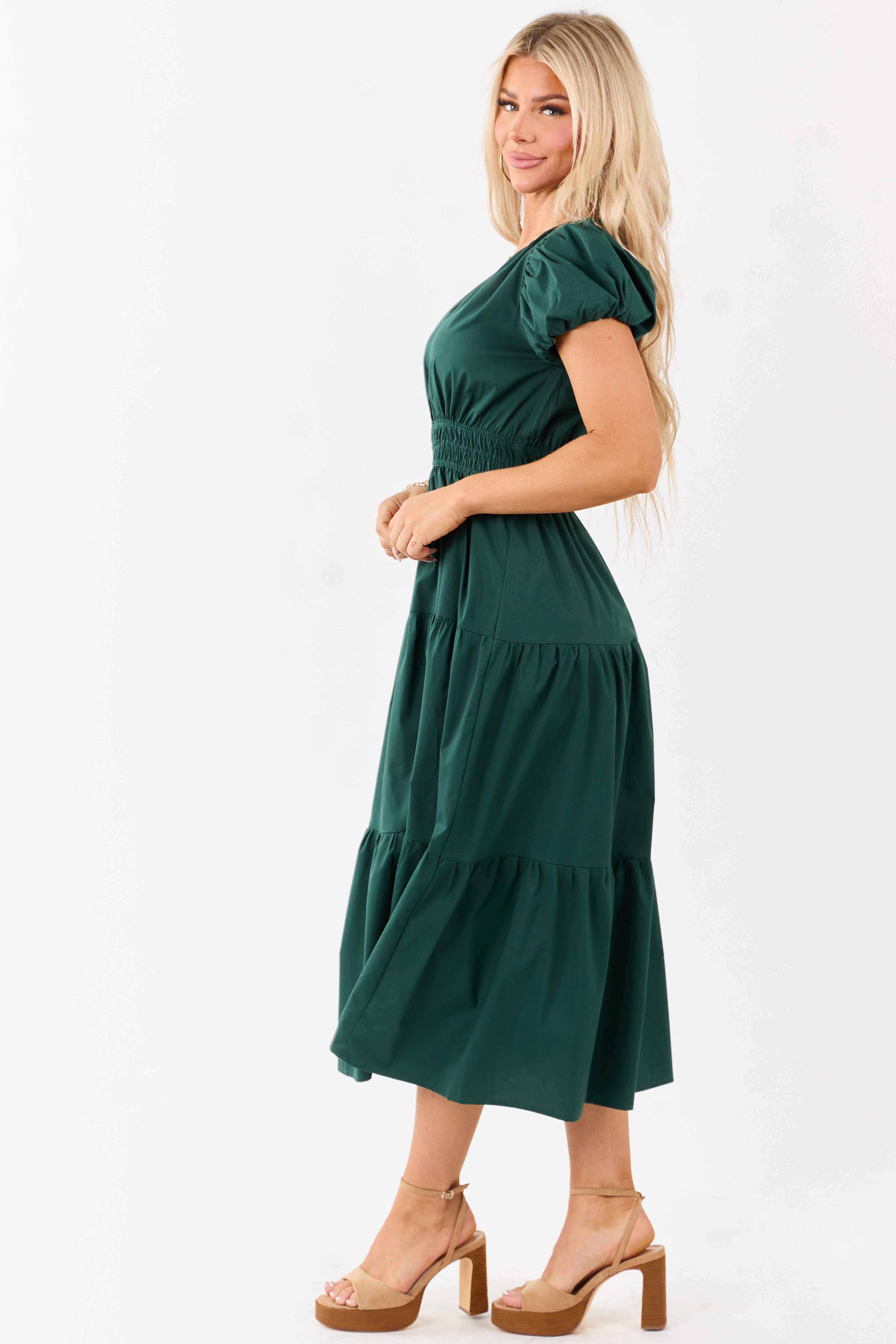 Forest Green Short Puff Sleeve Tiered Midi Dress