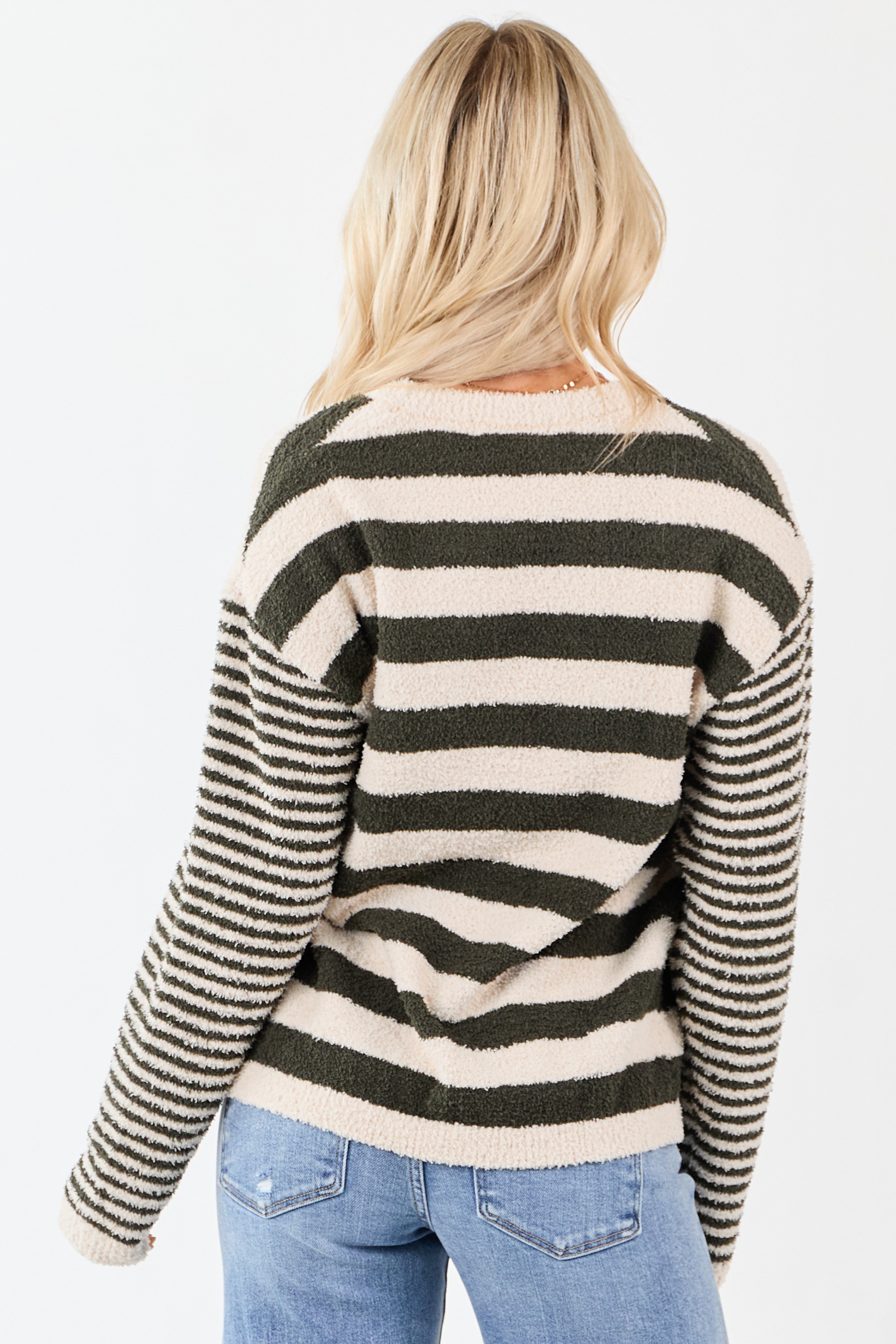 Forest Green Striped Button Down Fuzzy Knit Cardigan