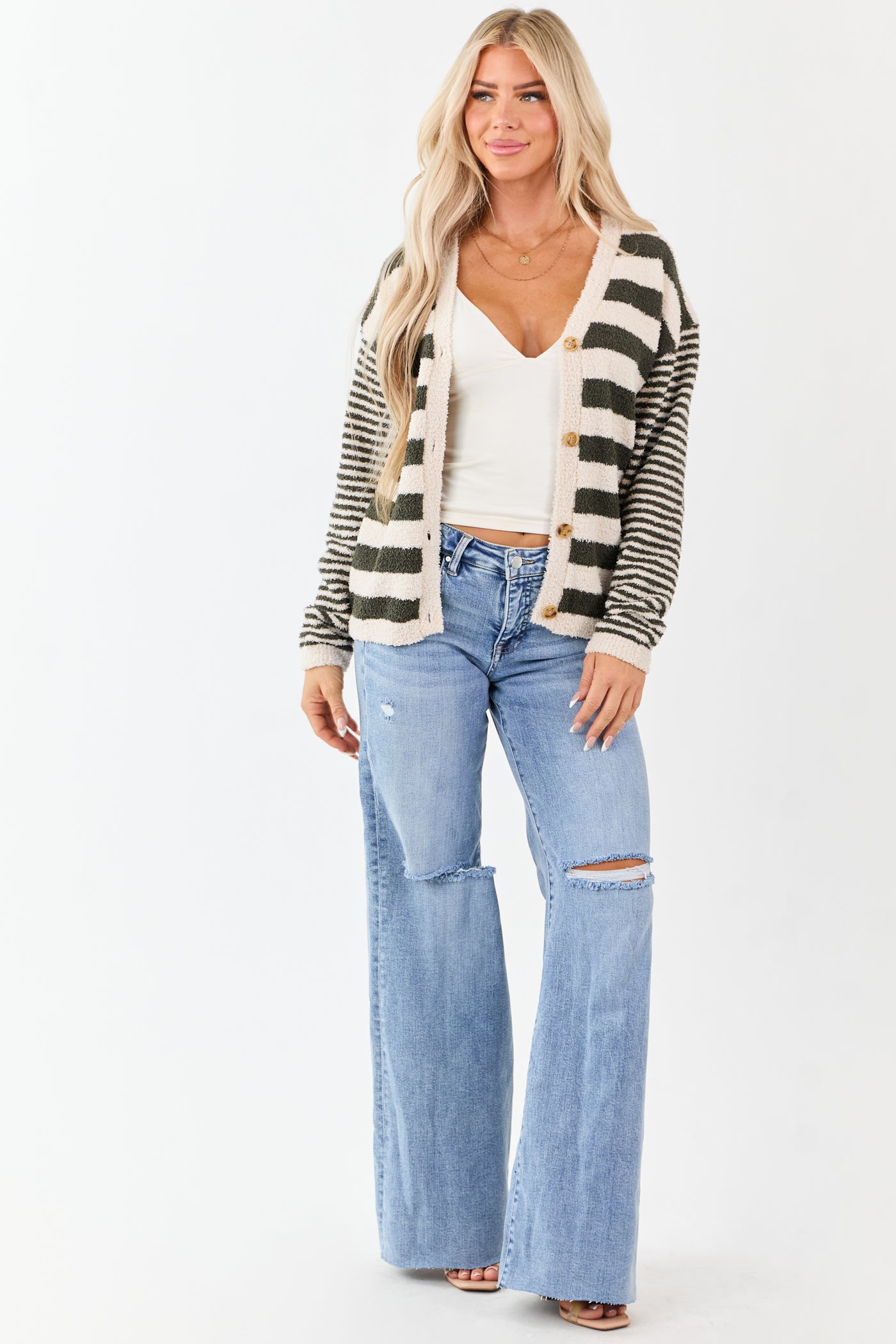 Forest Green Striped Button Down Fuzzy Knit Cardigan