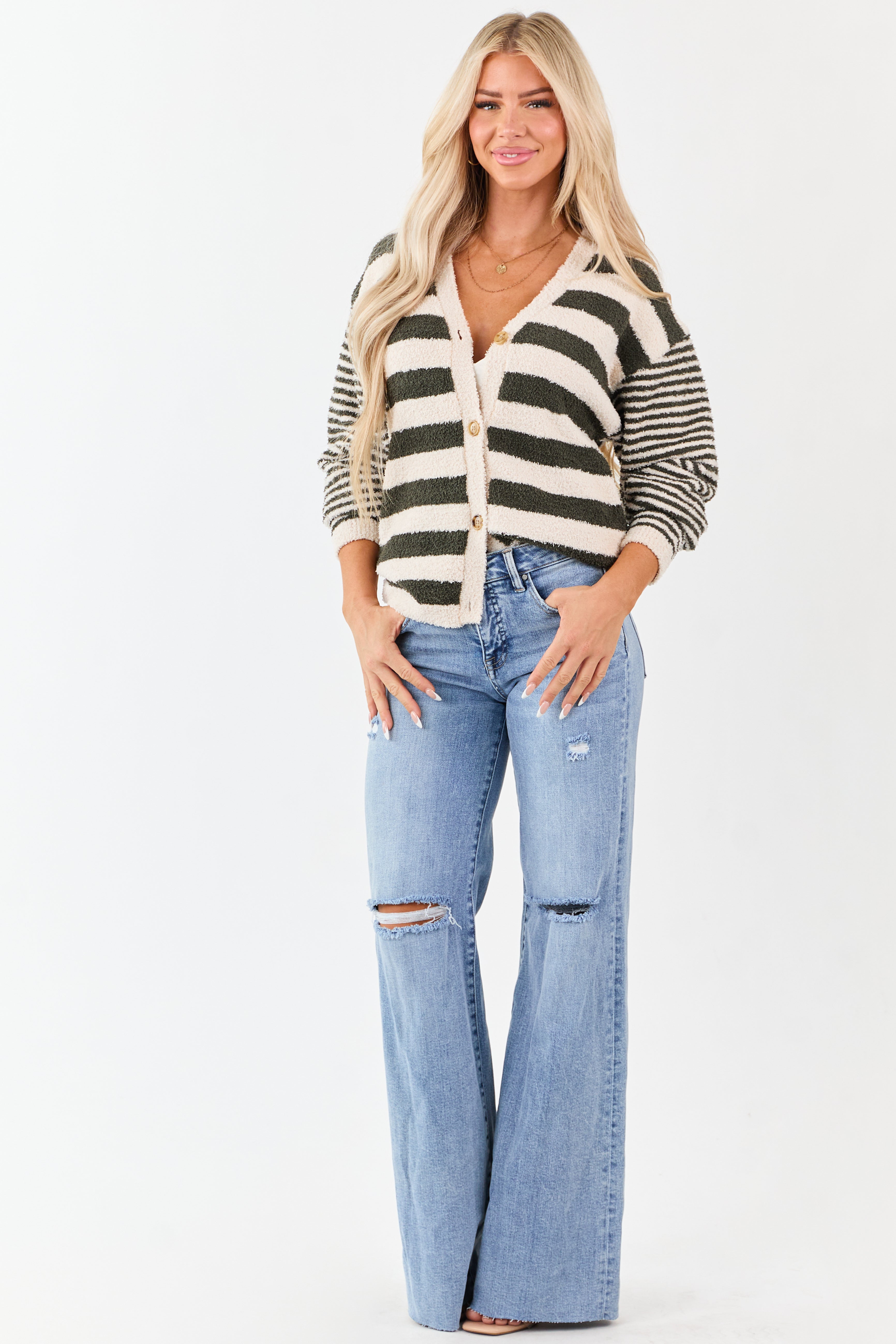 Forest Green Striped Button Down Fuzzy Knit Cardigan