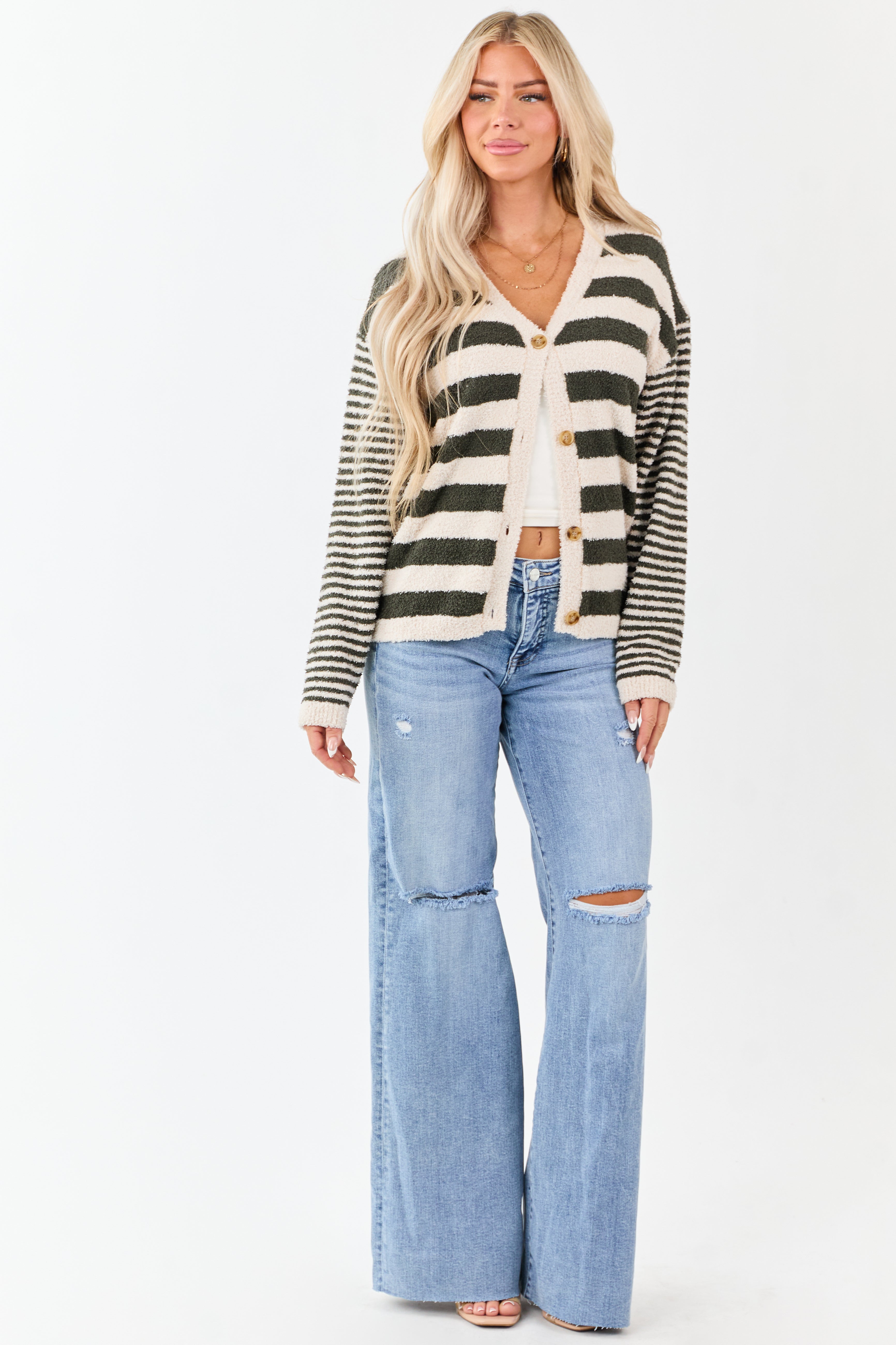 Forest Green Striped Button Down Fuzzy Knit Cardigan