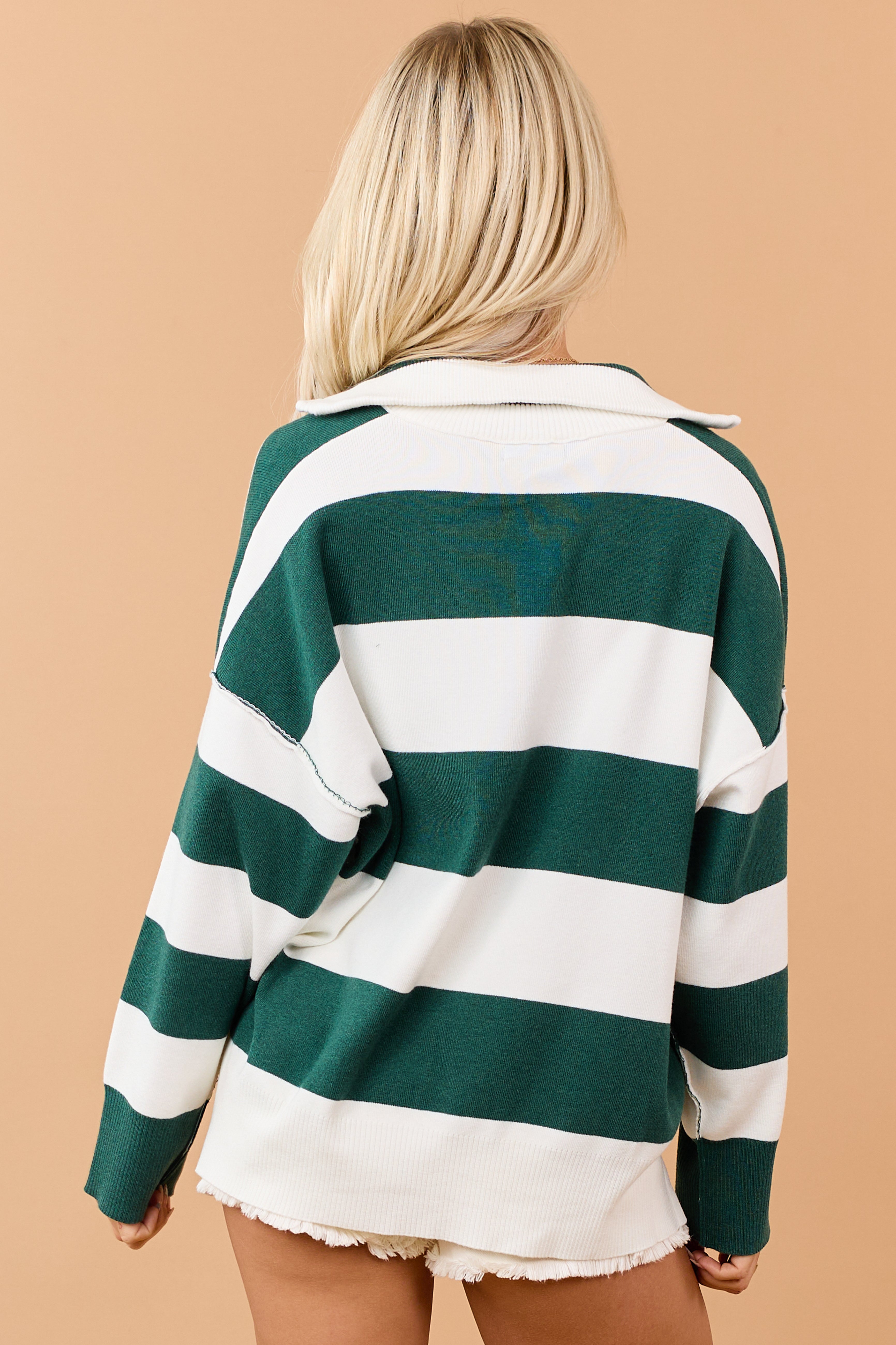 Forest Green Striped Quarter Zip Long Sleeve Sweater | Lime Lush