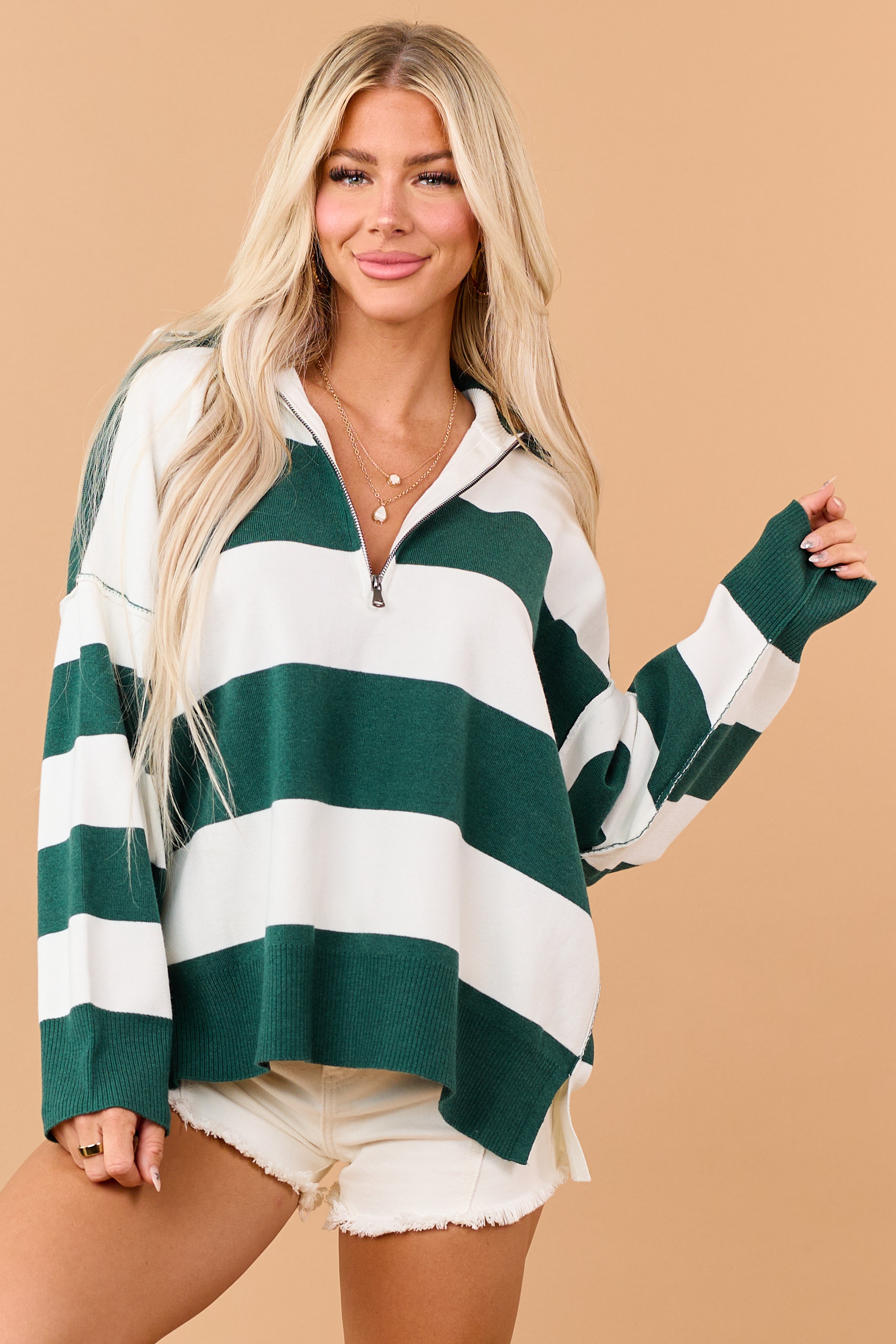 Forest Green Striped Quarter Zip Long Sleeve Sweater | Lime Lush