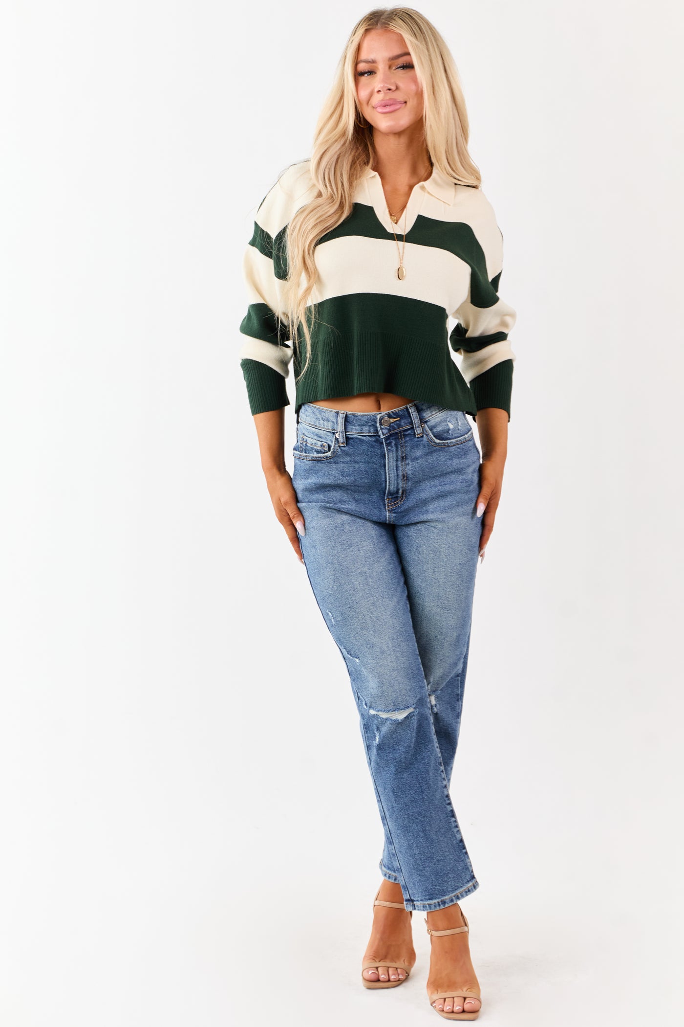 Forest Green Striped Rugby Style Sweater