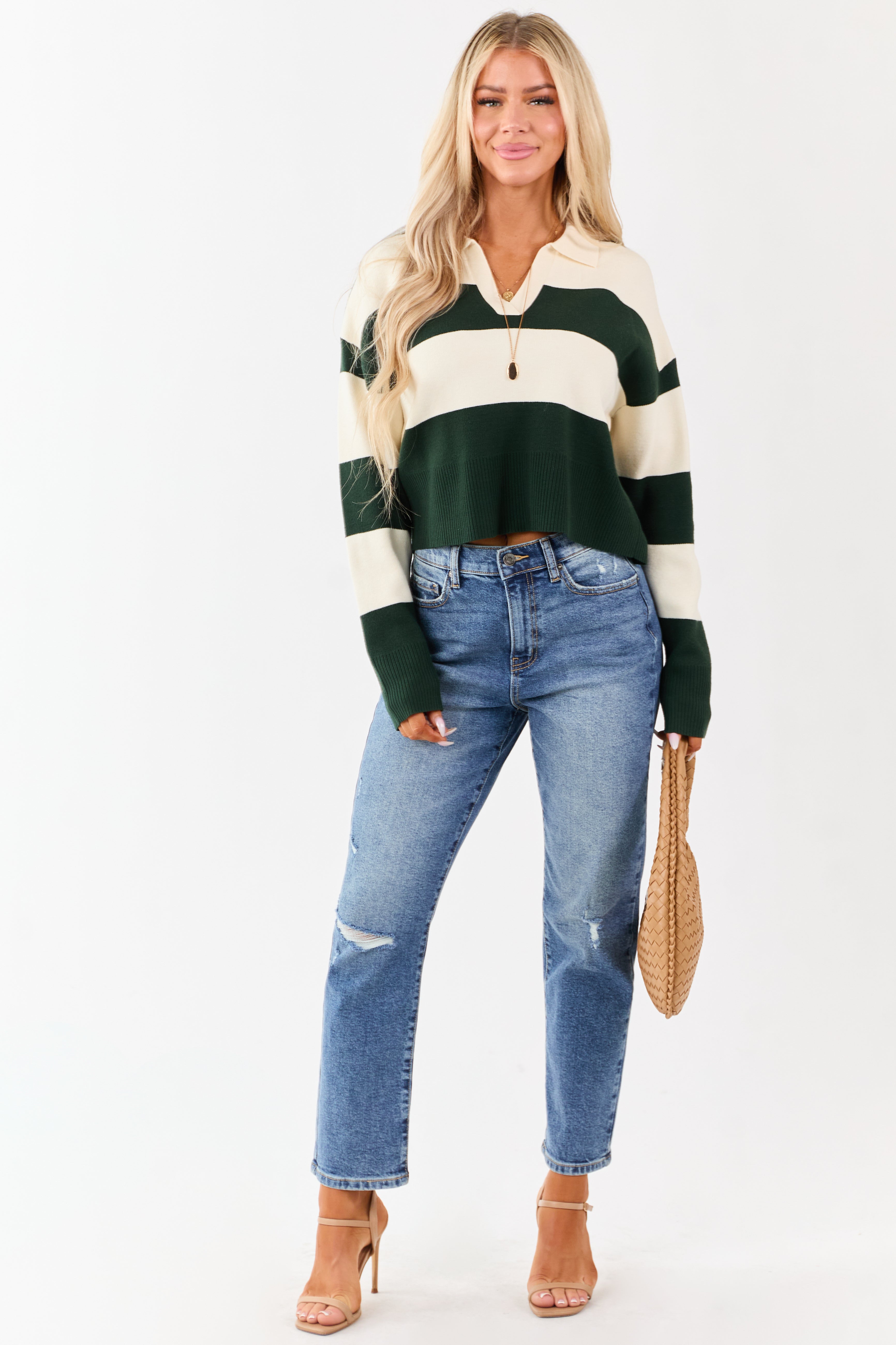 Forest Green Striped Rugby Style Sweater