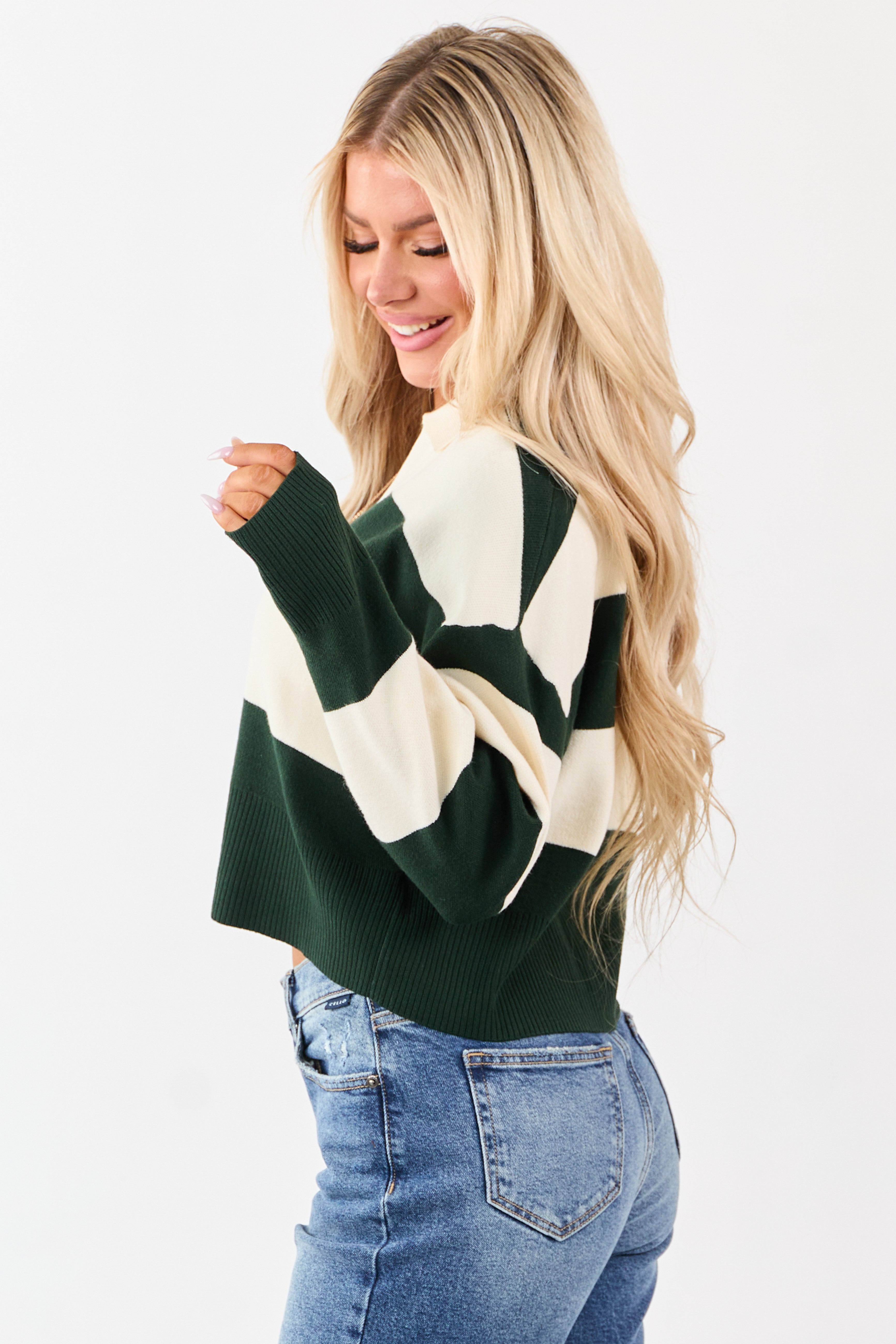 Forest Green Striped Rugby Style Sweater