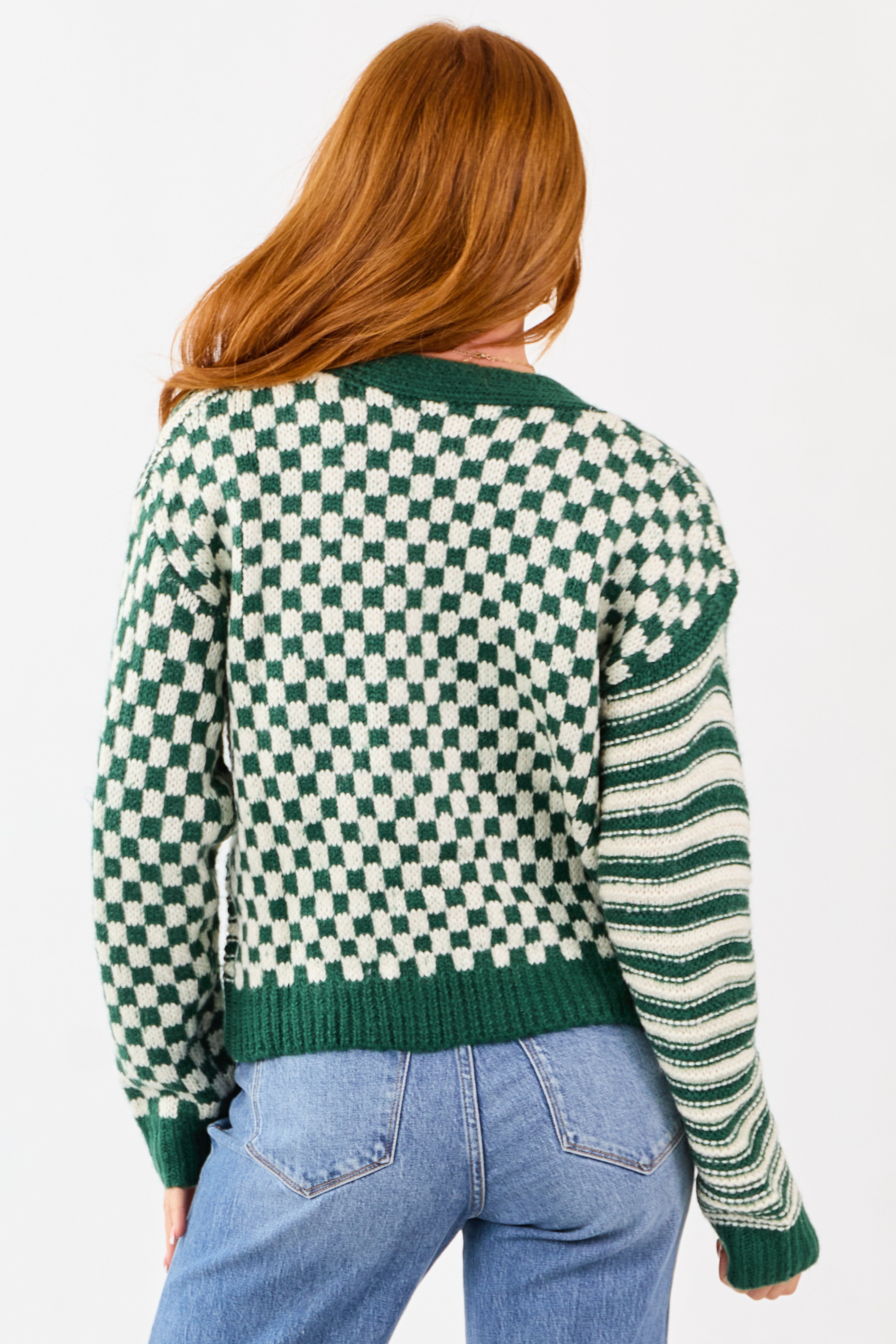Forest Green Striped and Checkered Cardigan