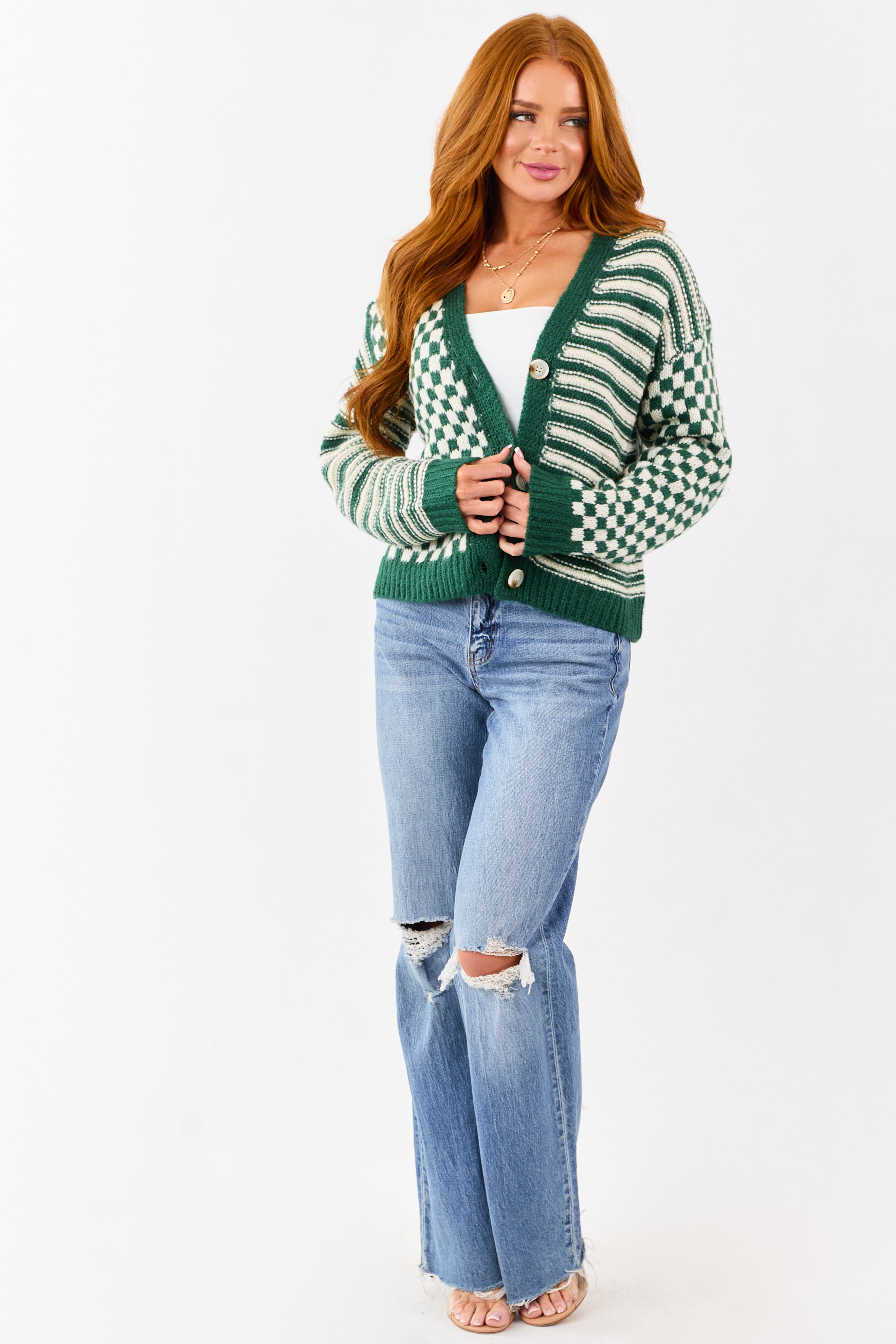 Forest Green Striped and Checkered Cardigan