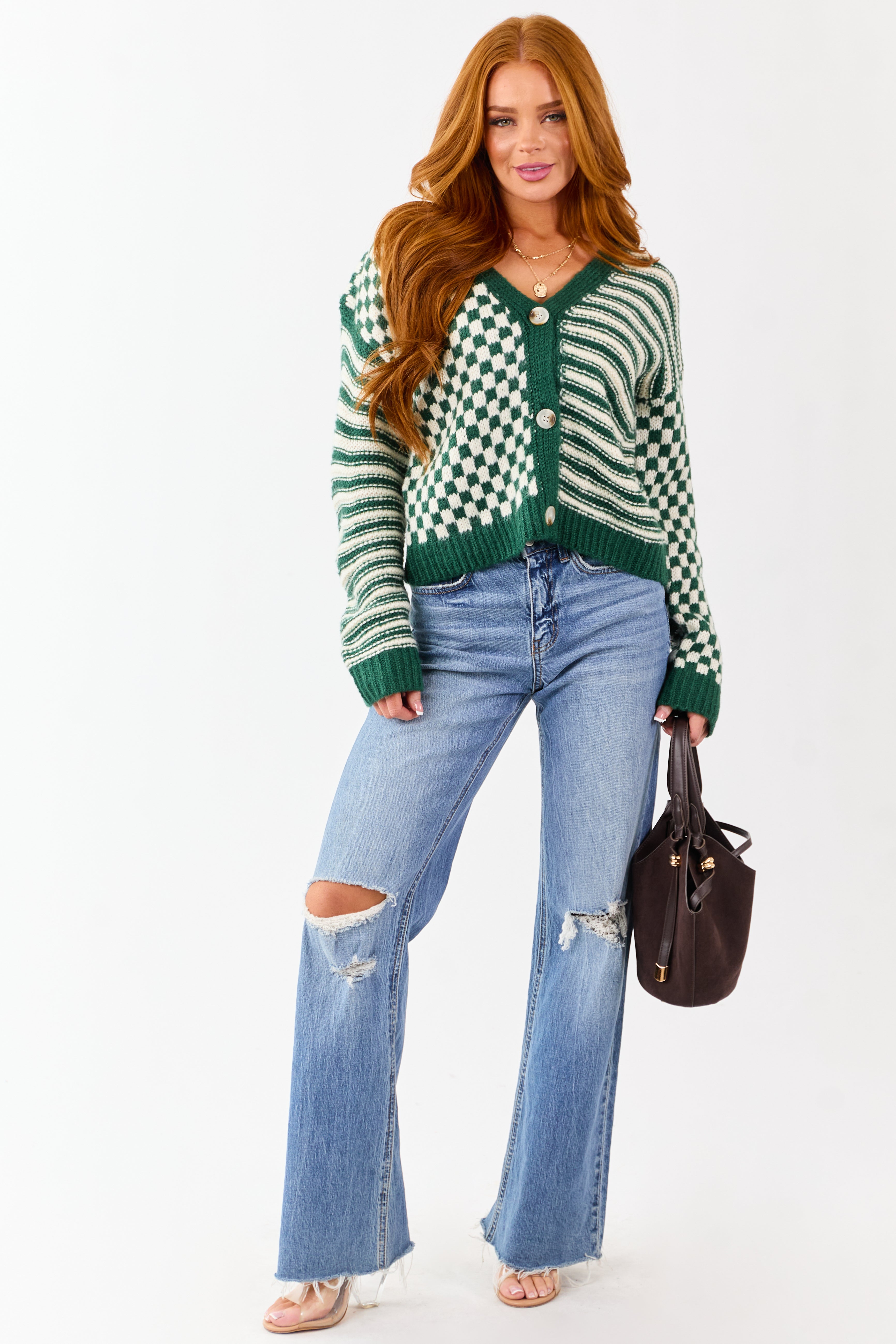 Forest Green Striped and Checkered Cardigan