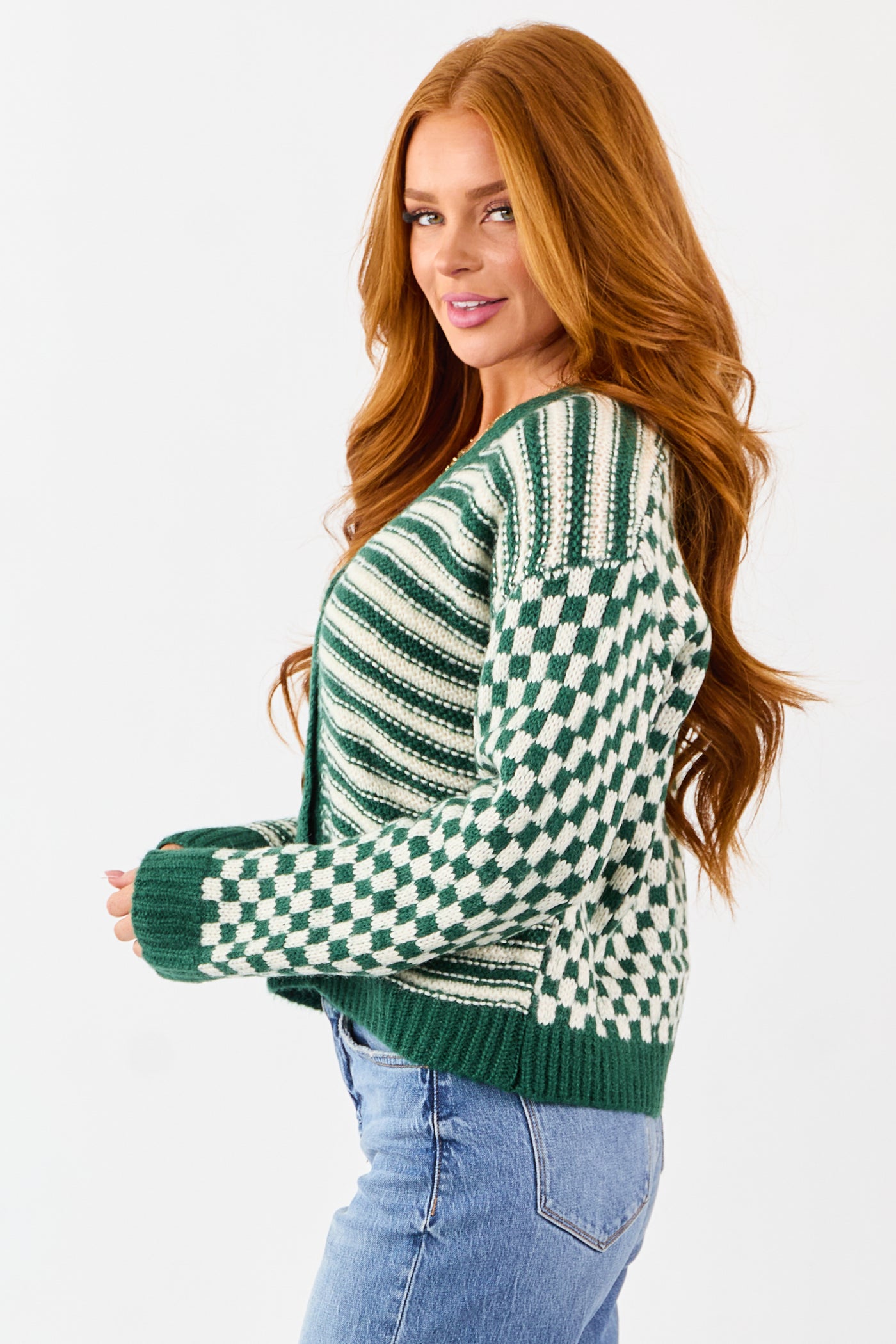 Forest Green Striped and Checkered Cardigan