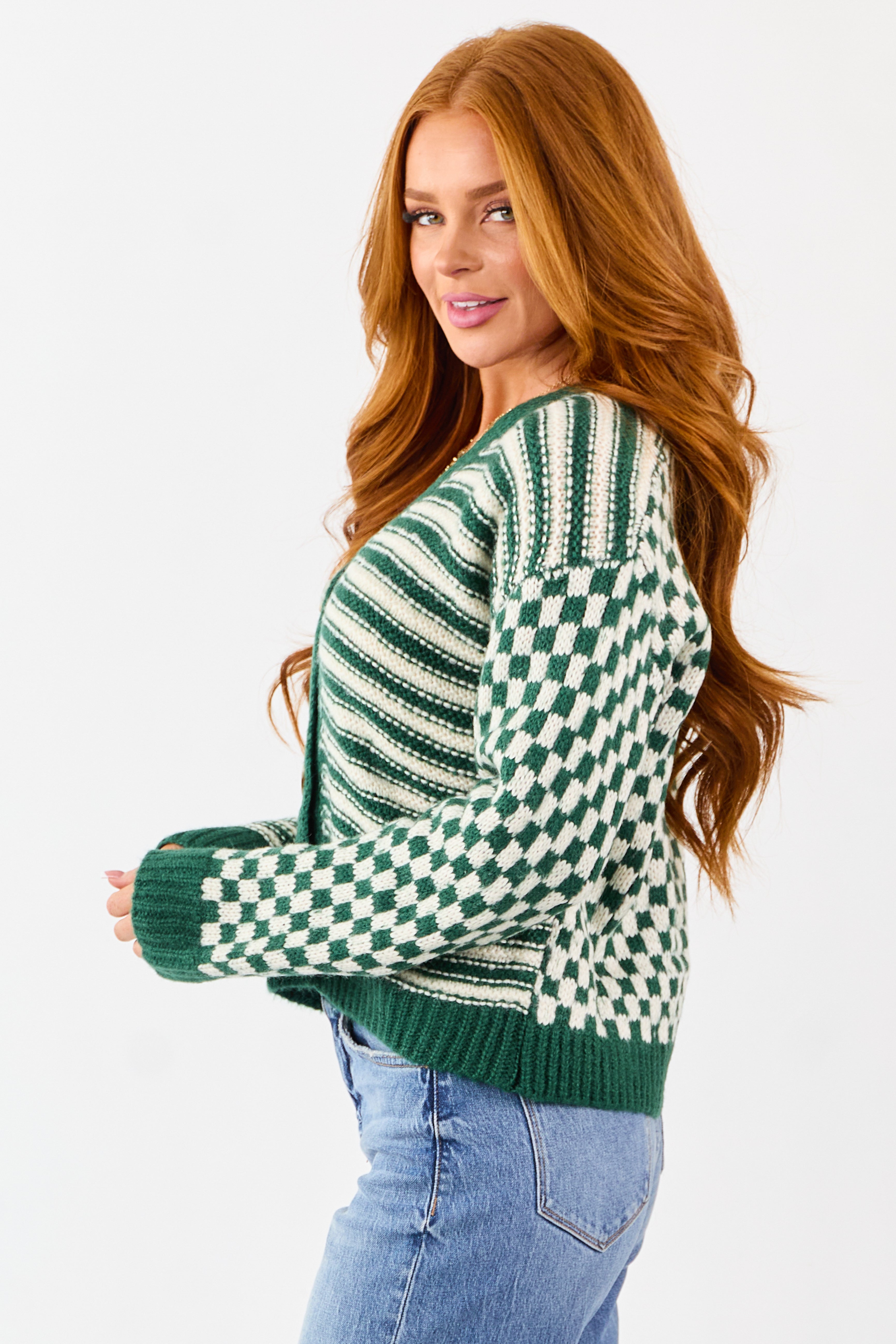 Forest Green Striped and Checkered Cardigan