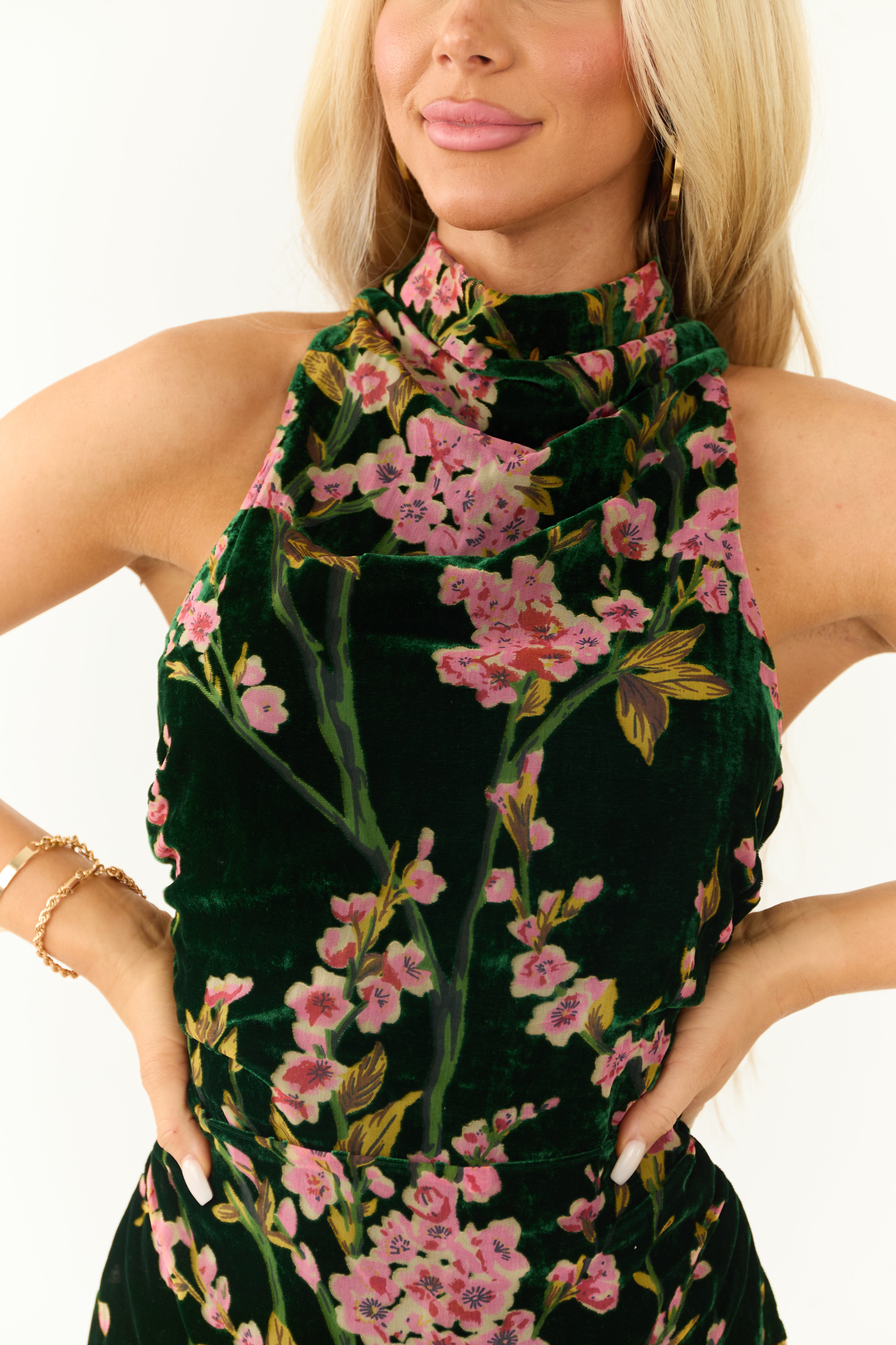 Forest Green Velvet Cherry Blossom Midi Dress | Lime Lush Boutique