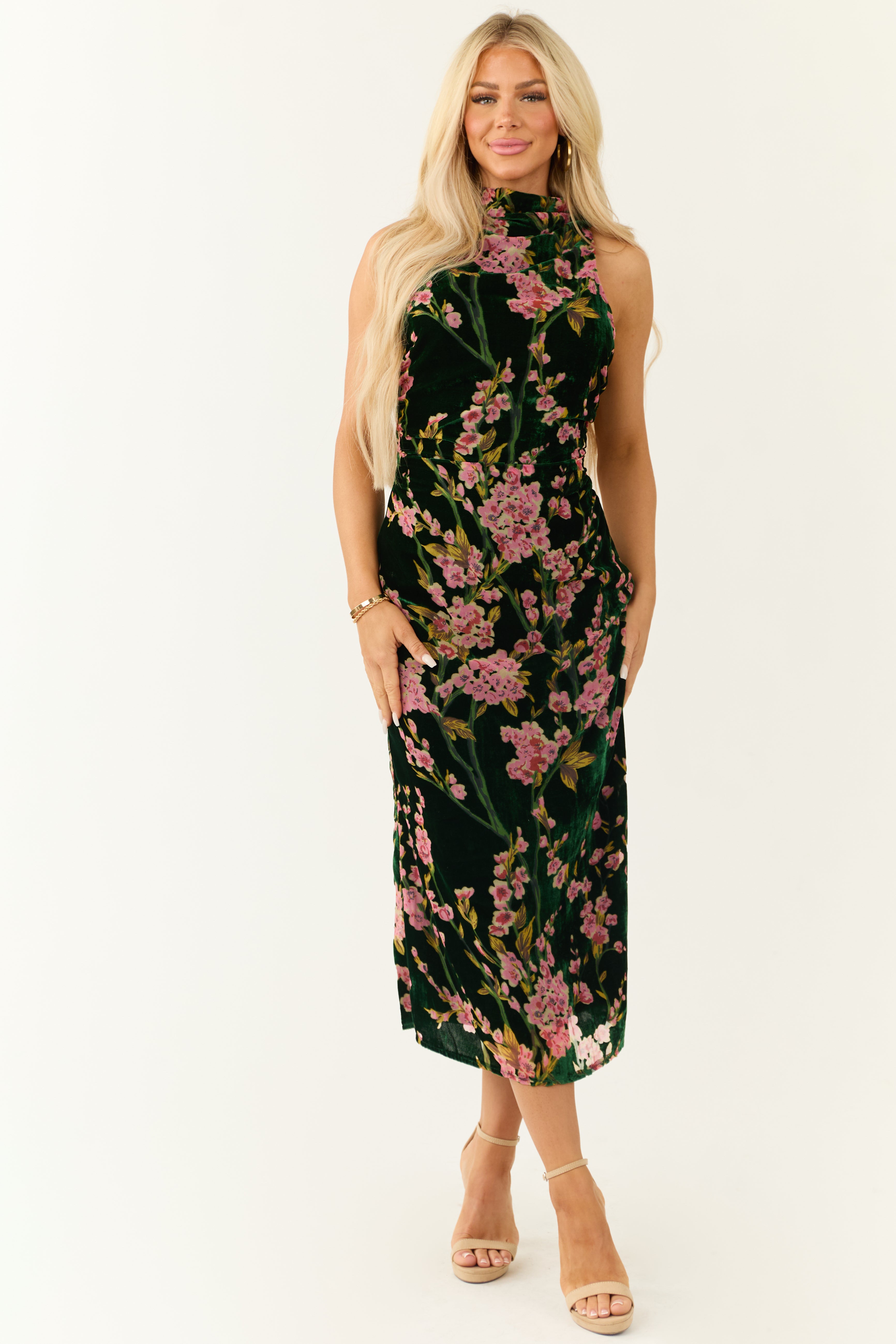 Forest Green Velvet Cherry Blossom Midi Dress | Lime Lush Boutique