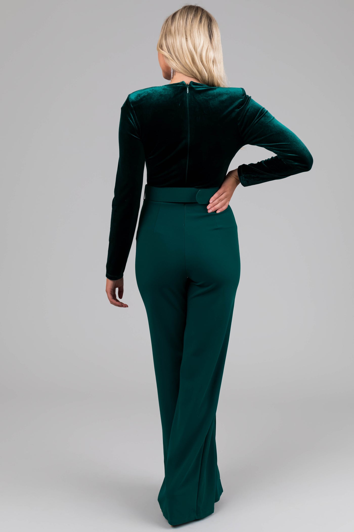 Forest Green Velvet Rhinestone Trim Jumpsuit