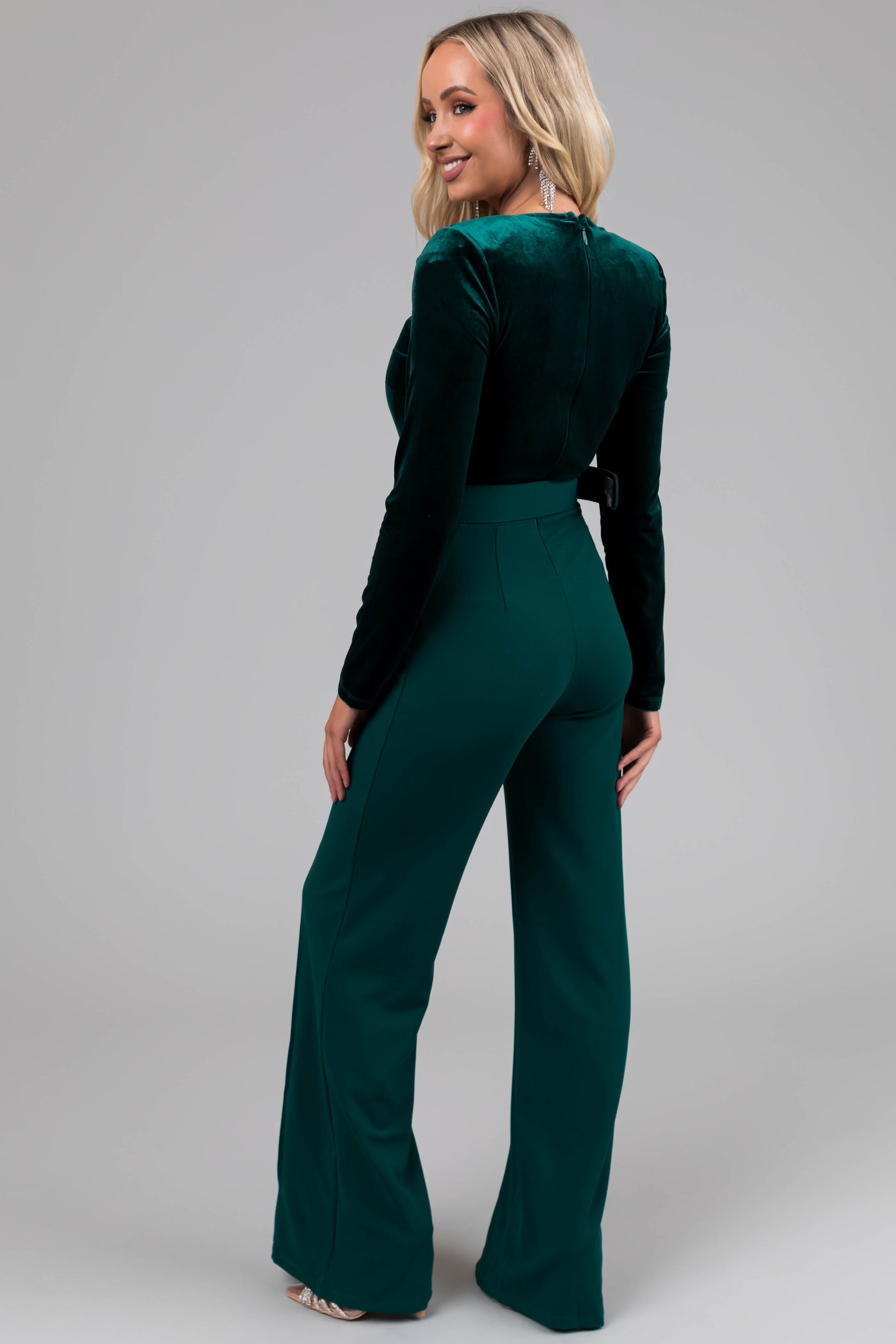 Forest Green Velvet Rhinestone Trim Jumpsuit