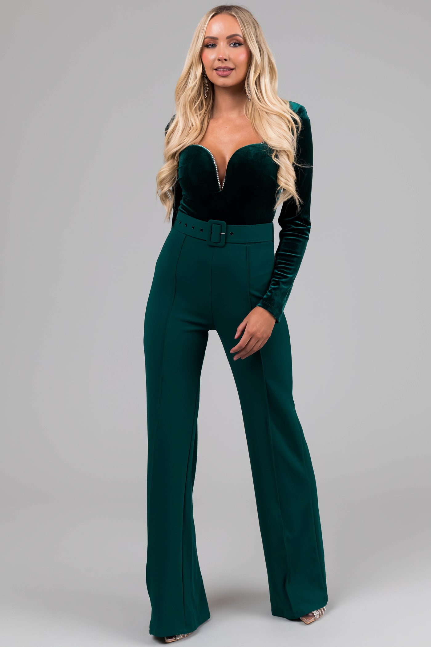 Forest Green Velvet Rhinestone Trim Jumpsuit