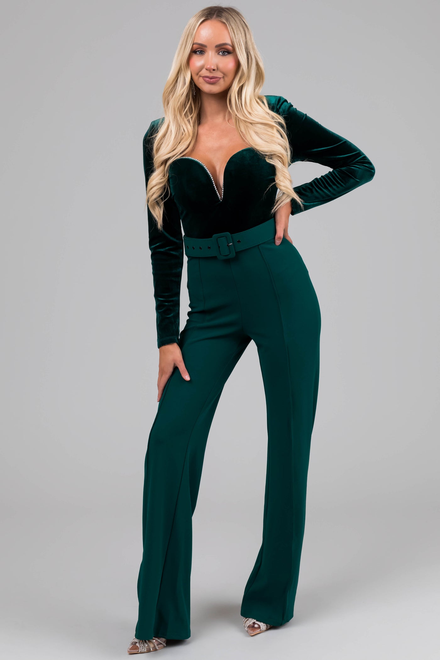 Forest Green Velvet Rhinestone Trim Jumpsuit