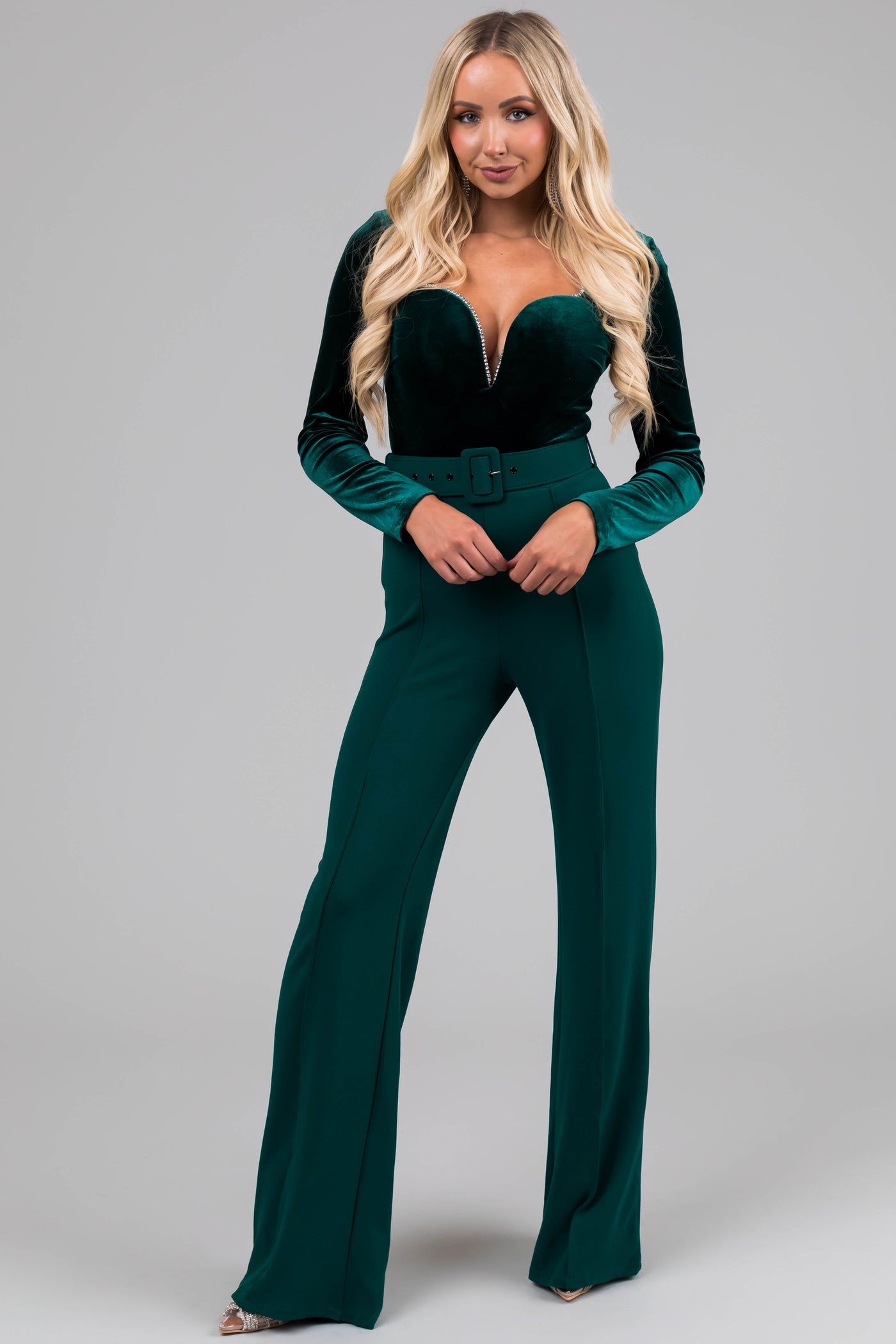 Forest Green Velvet Rhinestone Trim Jumpsuit