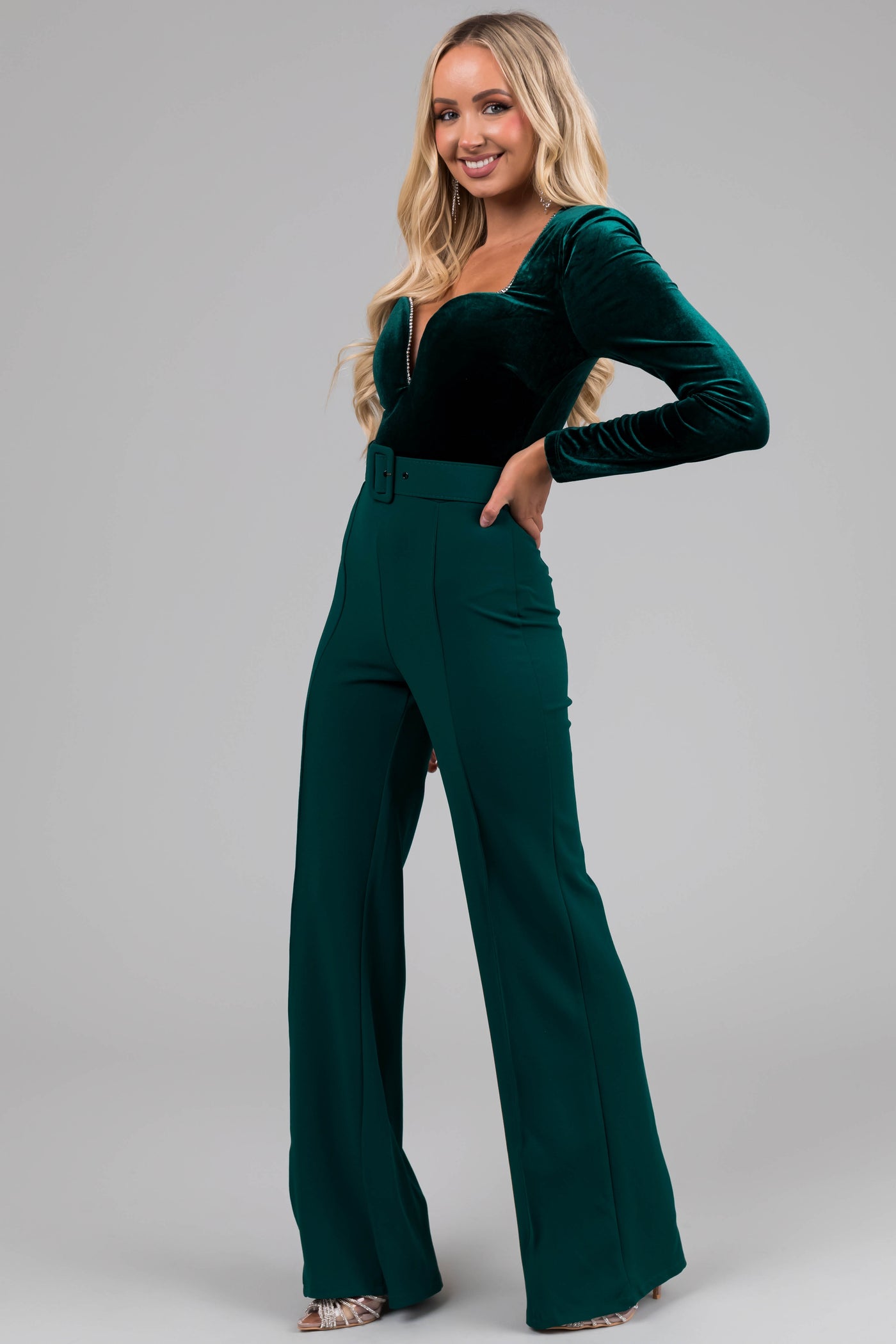 Forest Green Velvet Rhinestone Trim Jumpsuit