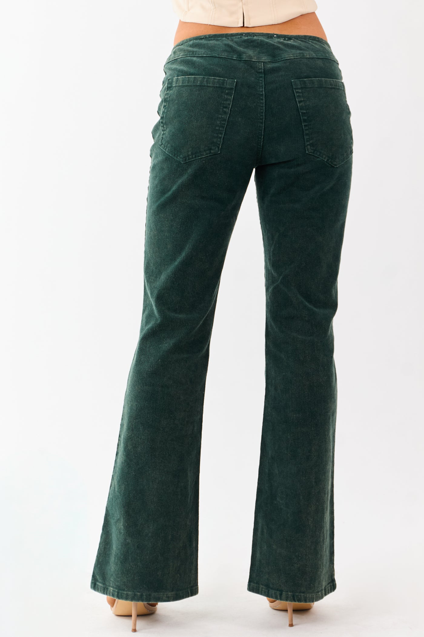 Forest Green Washed Corduroy Mid Rise Flare Pants